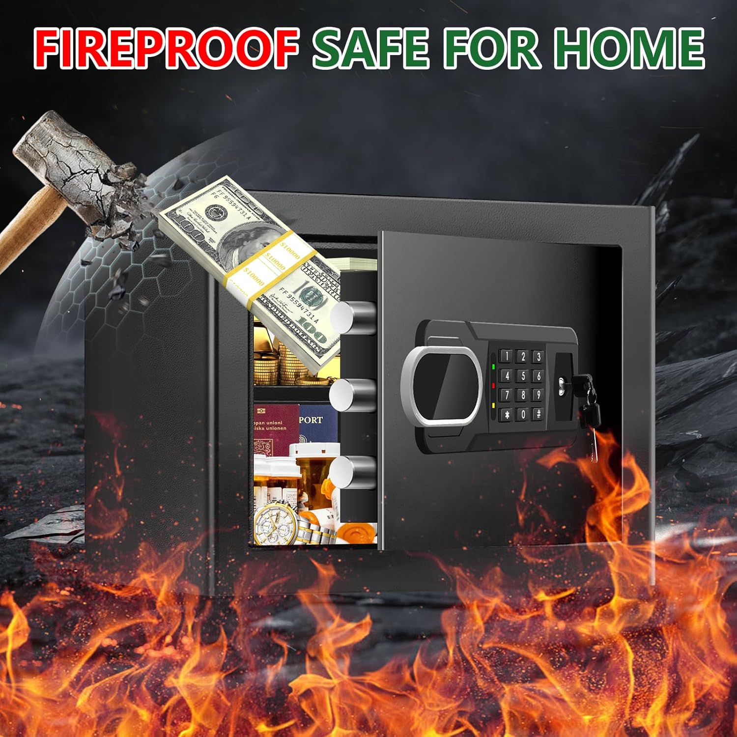 1.3 Cubic Feet Small Fire Safe Box for Home, Fireproof Safety Lock Box with Digital Keypad, Spare Keys and Removable Shelf, Personal Security Home Safes for Money, Jewelry, ID Documents
