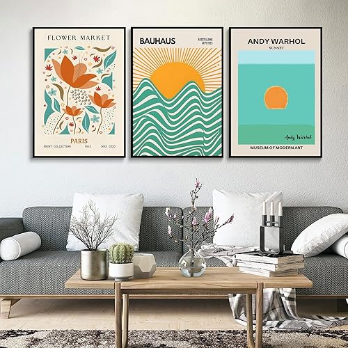 Miniatura 7 de Bauhaus - 3 piezas de arte de pared moderno de mediados de siglo, diseño de flores retro, impresiones de lienzo verde y naranja, bohemio,