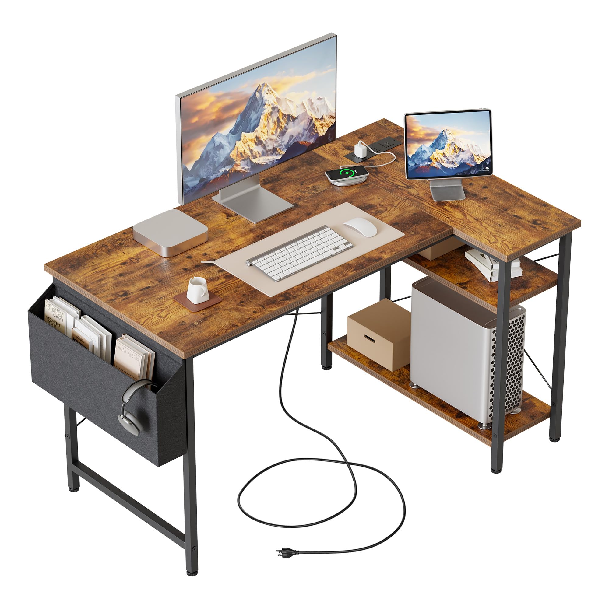 Mericonia Reversible Corner Desk, w. Power Outlets, 100x70cm, Brown | Reversible Design, L-shaped desk with Bag, Height-adjustable Shelf, Gaming computer desk for home & office