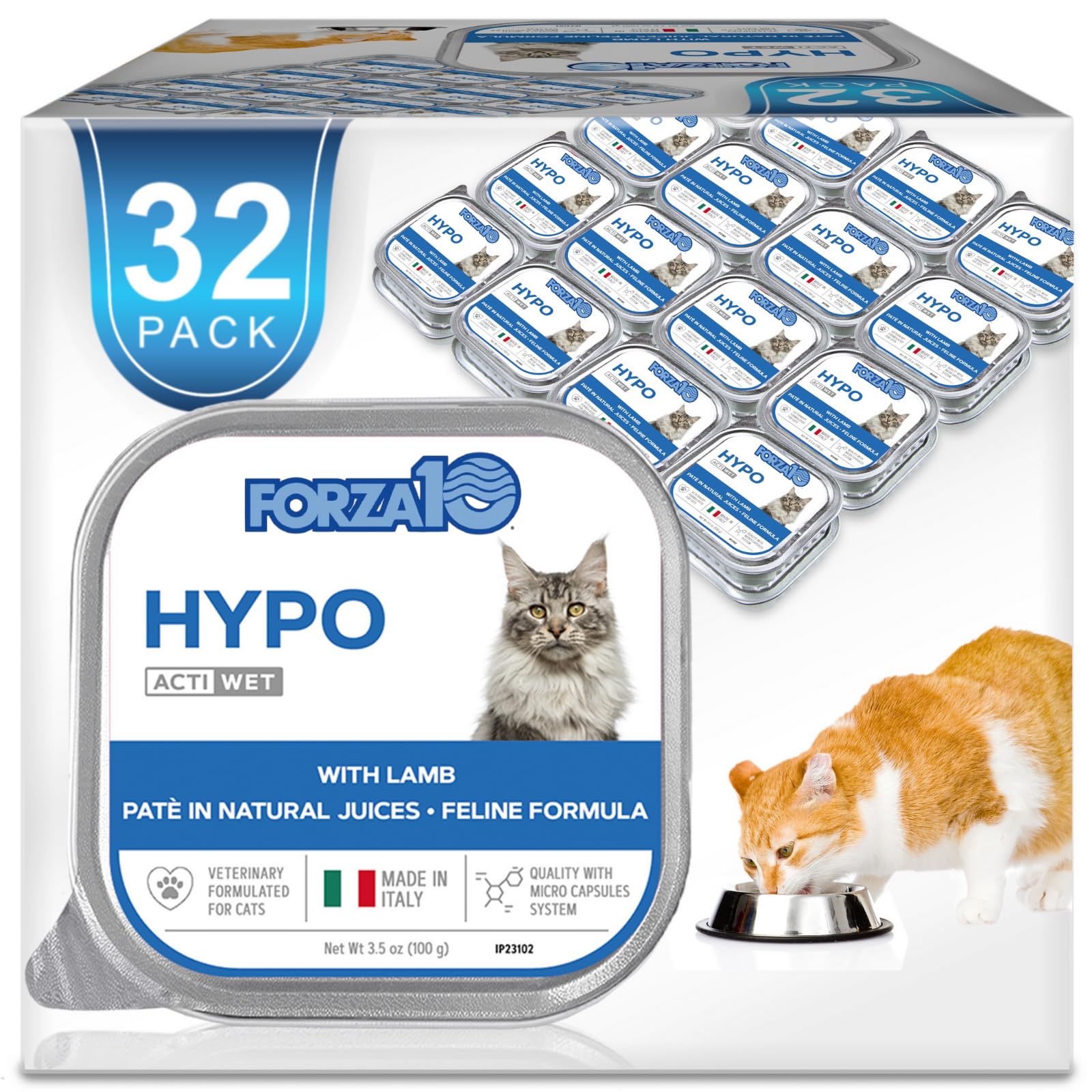 Forza10 - Cat Food, Vet-Approved Hypoallergenic Wet Cat Food, Non GMO, Lamb Flavor, Adult Cats with Allergies, Skin & Coat Support, Made in Italy (3.5 oz, 32 Pack)