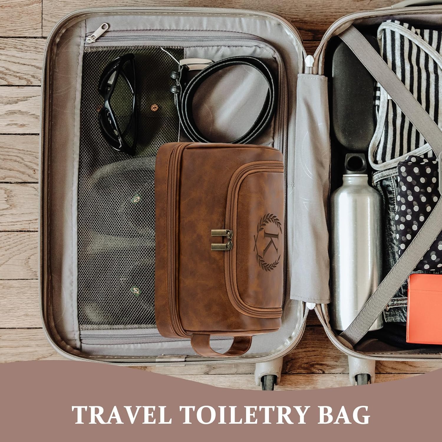 Personalized Gifts Travel Toiletry Bag for Men Him, Laser-Engraved Initial PU Leather Waterproof Shaving Bag Christmas Birthday Gift for Men Dad Husband Boyfriend Groomsmen, Light Brown M - Image 7