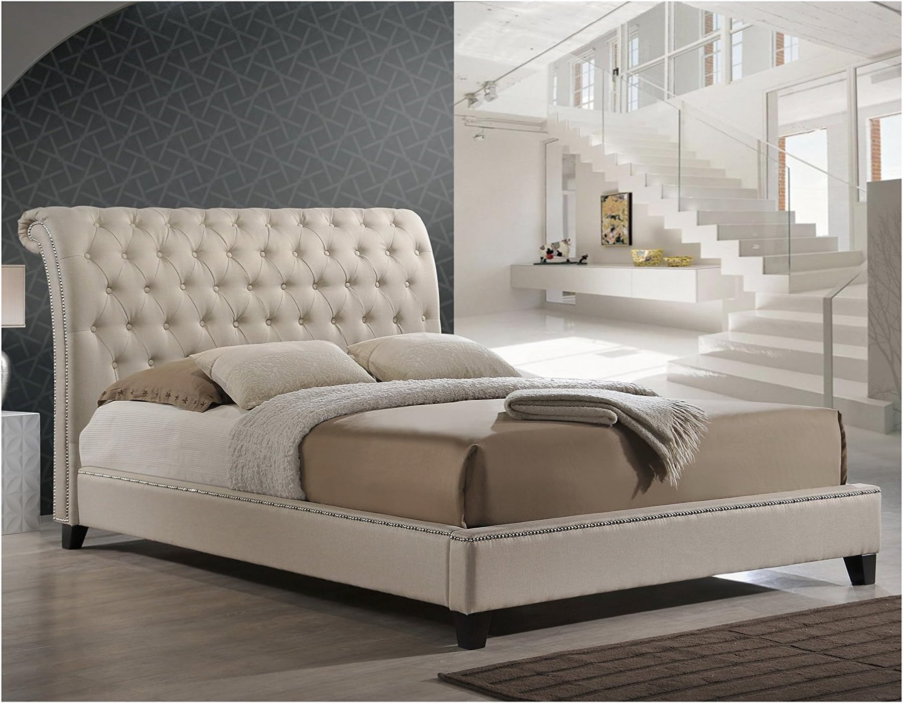 Baxton Studio Jazmin Tufted Modern Bed with Upholstered Headboard, Queen, Light Beige
