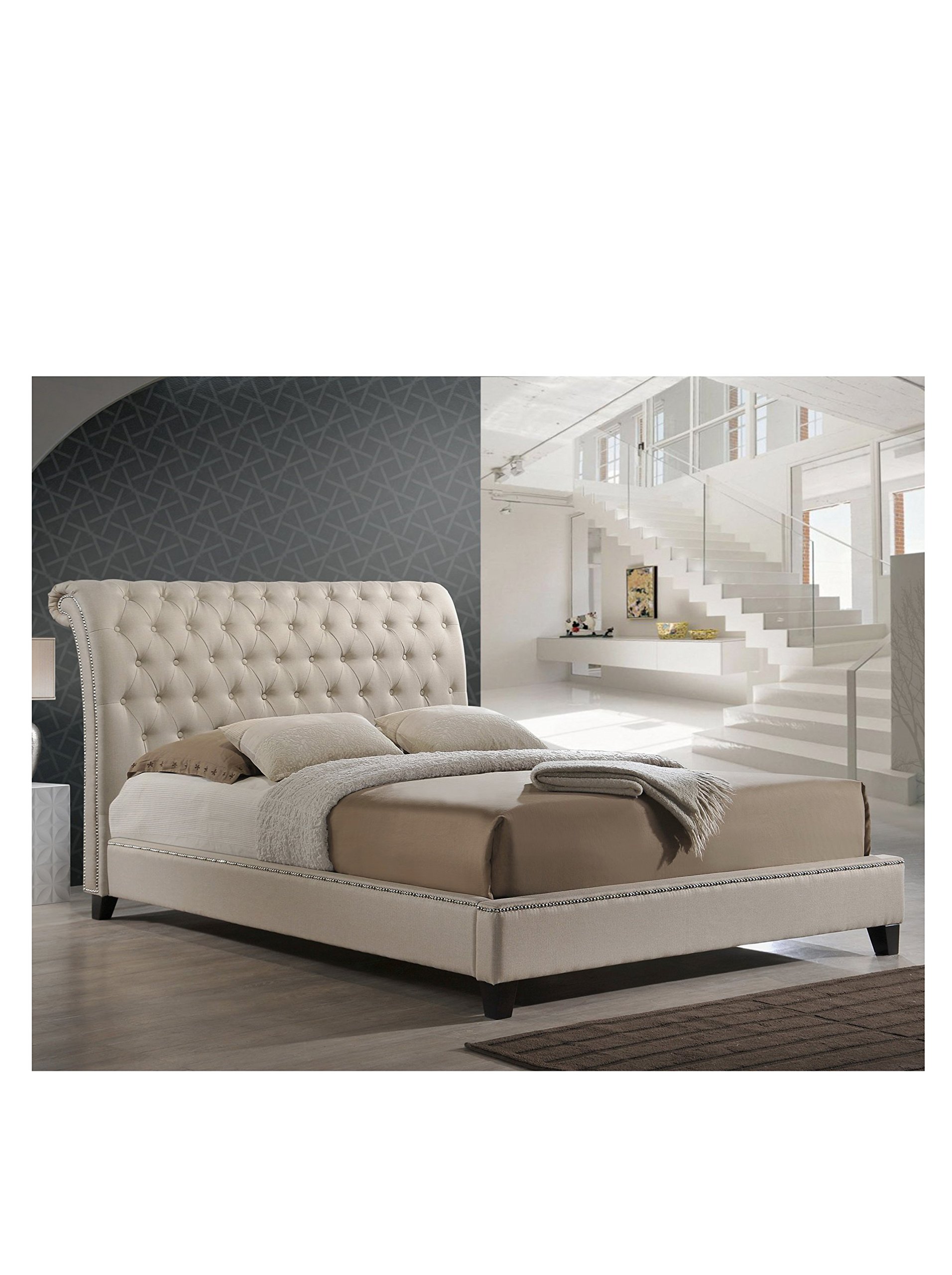 Baxton Studio Jazmin Tufted Modern Bed with Upholstered Headboard, Queen, Light Beige