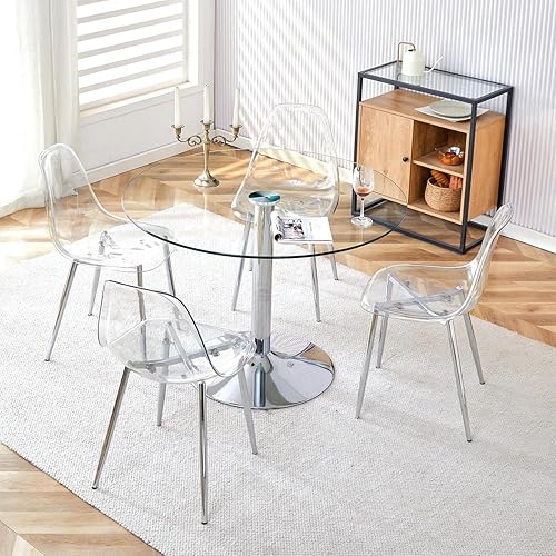 Miniatura 3 de Mesa de comedor de cristal de 40 pulgadas, mesa de comedor redonda con vidrio templado de 0.3 pulgadas y patas de metal cromado, fácil de limpiar,