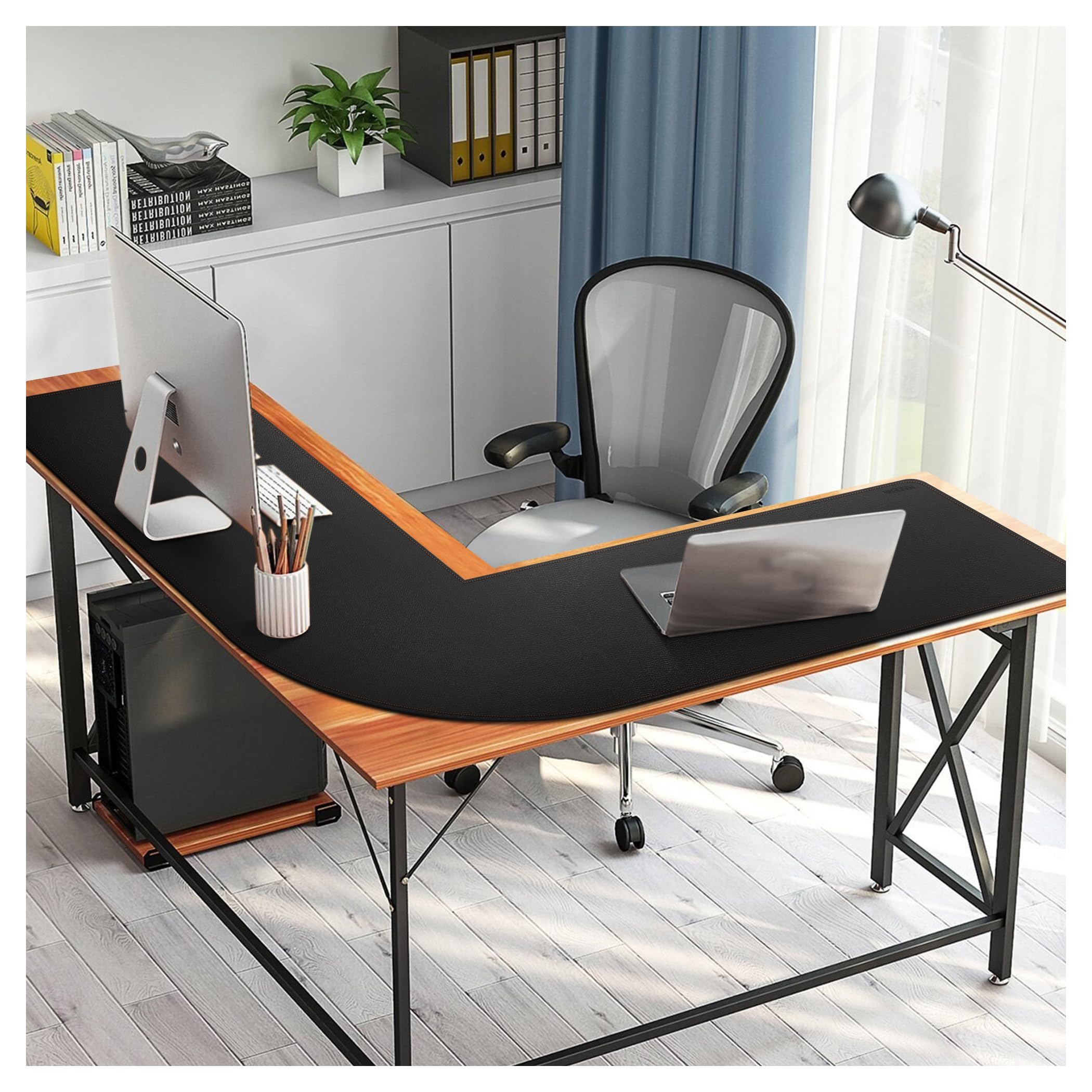 MAIDERN Tappetino Scrivania pelle in Sughero angolare,120x120x40cm sottomano scrivania bifacciale a forma di L,Tappetino per Mouse impermeabile e antiscivolo ，per Casa/Ufficio(Nero)