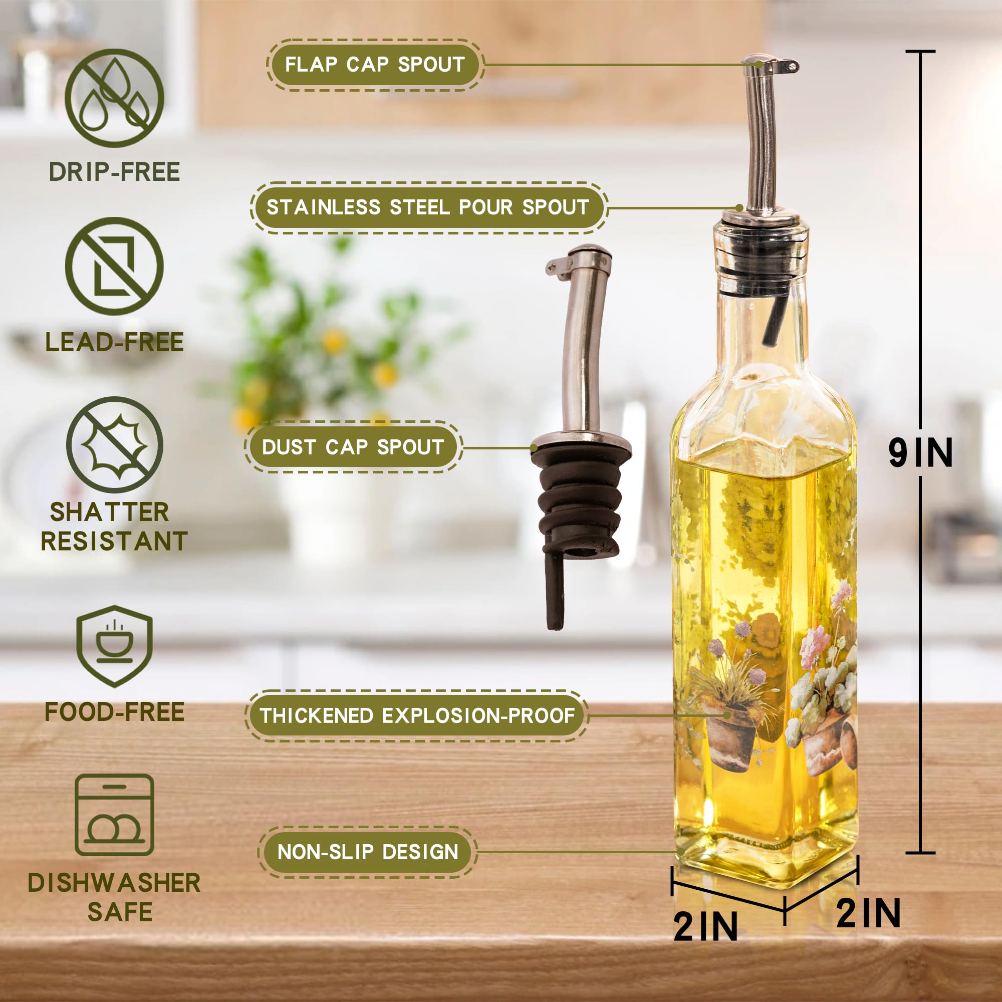 CEDAR HOME Juego de botellas de aceite de oliva con dispensador de vidrio vinagre Cruet 9 oz. Con boquilla de acero inoxidable a prueba de fugas para cocinar o ensalada, verduras