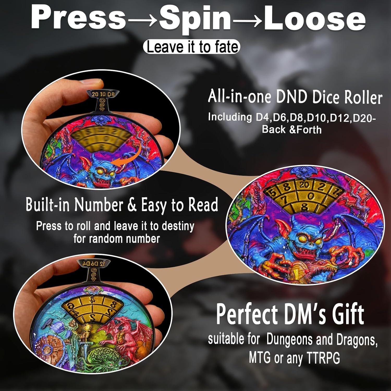 All-in-One DND Dice Roller - Press to Roll D4 D6 D8 D10 D12 D20 - Pocket Watch Design with Reversible 3D Dragon Monster Art - Metal Spinner for D&D MTG TTRPG (Rainbow)