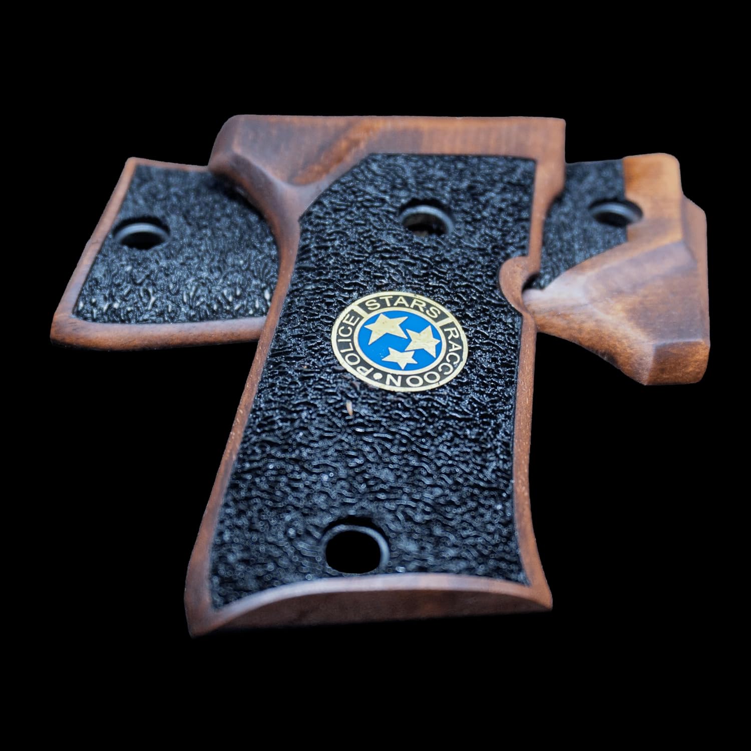 Walnut Wooden Grip Panels Compatible with Beretta 92 Compact Samurai Edge Style Resident Evil Raccoon Stars Design Blue Logo