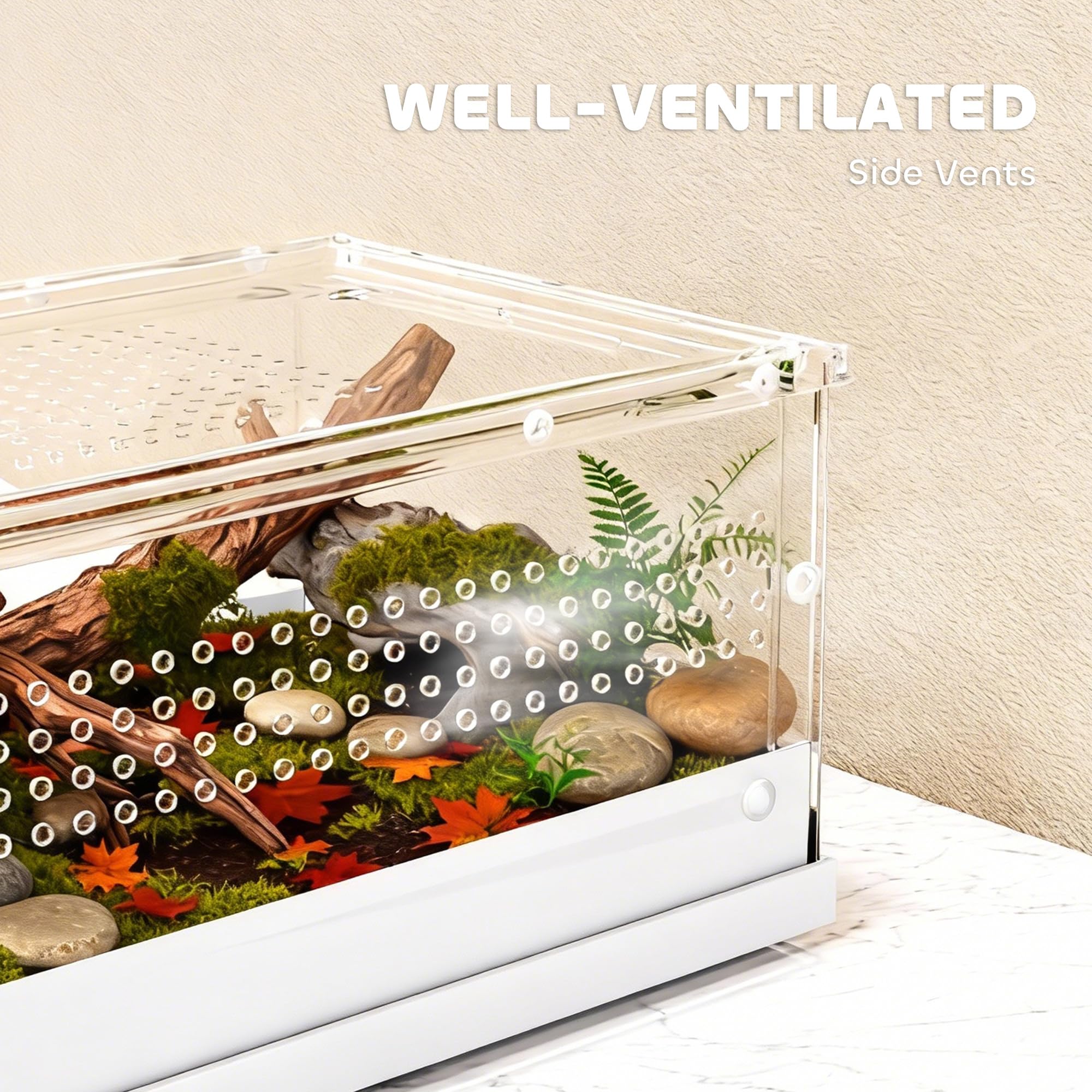PawHut Terrario para reptiles, vivero de 30 x 20 x 15 cm con puerta corrediza superior, caja de cría de tanque de reptiles acrílico de 360° con rejillas de ventilación, para serpientes, ranas, arañas