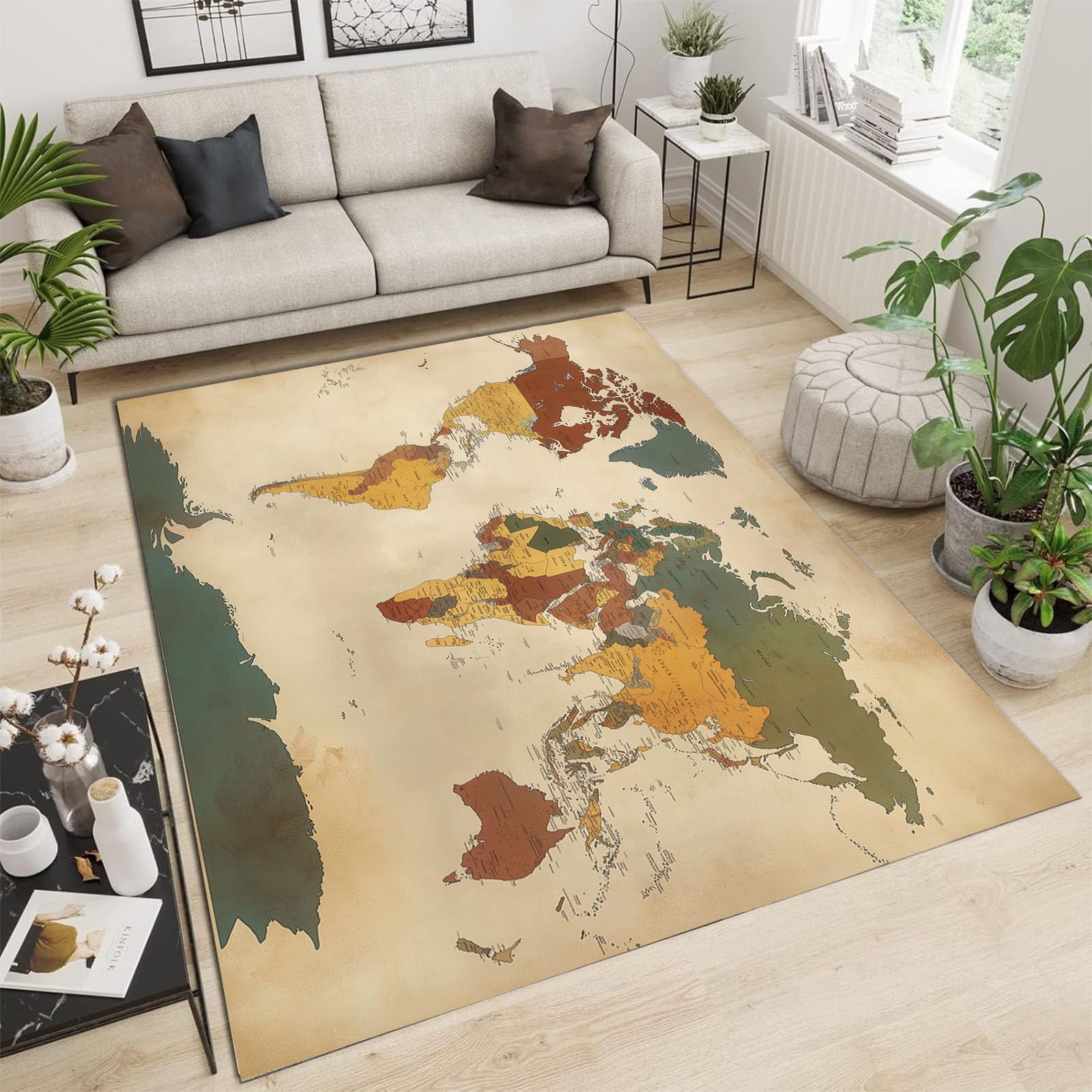 Tapis de salon style rétro carte du monde ancien de qualité