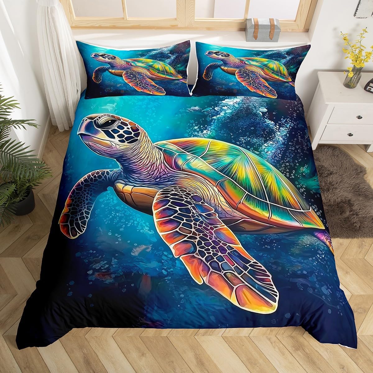 jejeloiu Sea Turtle Bedding Duvet Cover Set Toddler Size Ocean Creature Themed Bedding Set for Kids Boys Girls Marine Life Decor Comforter Cover Set Home Decor Bedspread Cover,No Stuffing