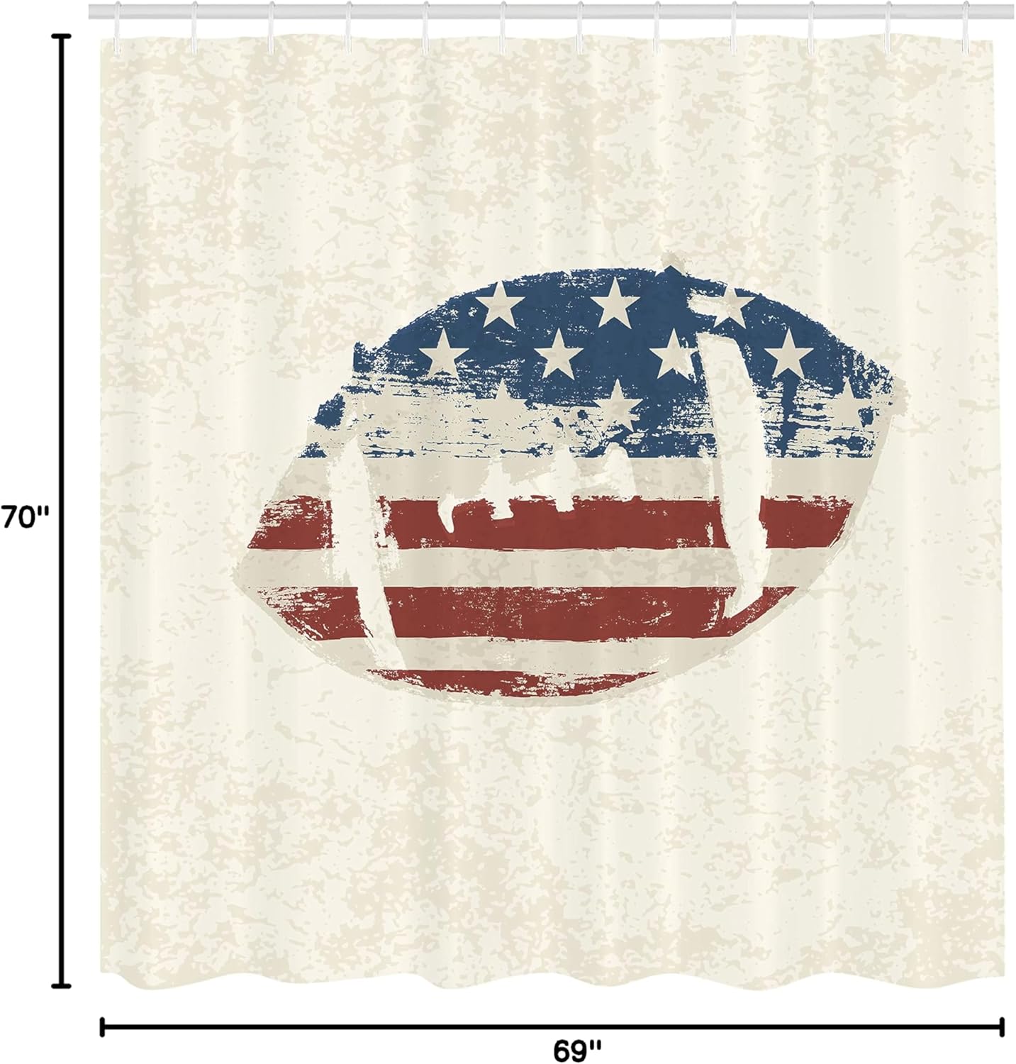Ambesonne Sports Shower Curtain, Grunge American Flag Themed Stitched Rugby Ball Vintage Design Football Theme, Cloth Fabric Bathroom Decor Set with Hooks, 69" W x 70" L, Cream Blue Red