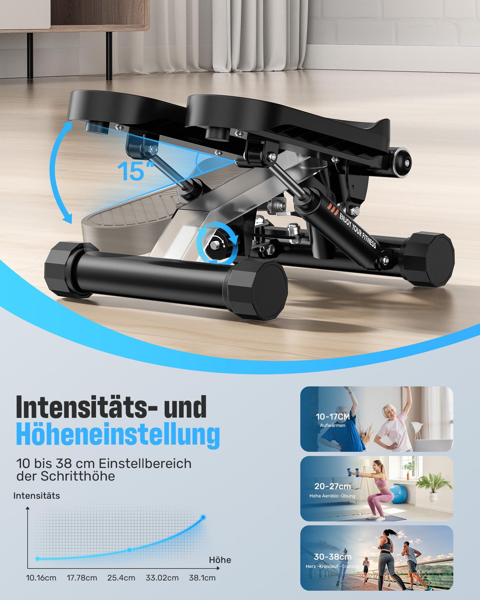 Sportsroyals Exercise Stair Stepper für Zuhause Testsieger– Up-Down Swing Stepper mit Power Ropes for Bein/Arm/Butt Training, Home Office Fitness Exercise