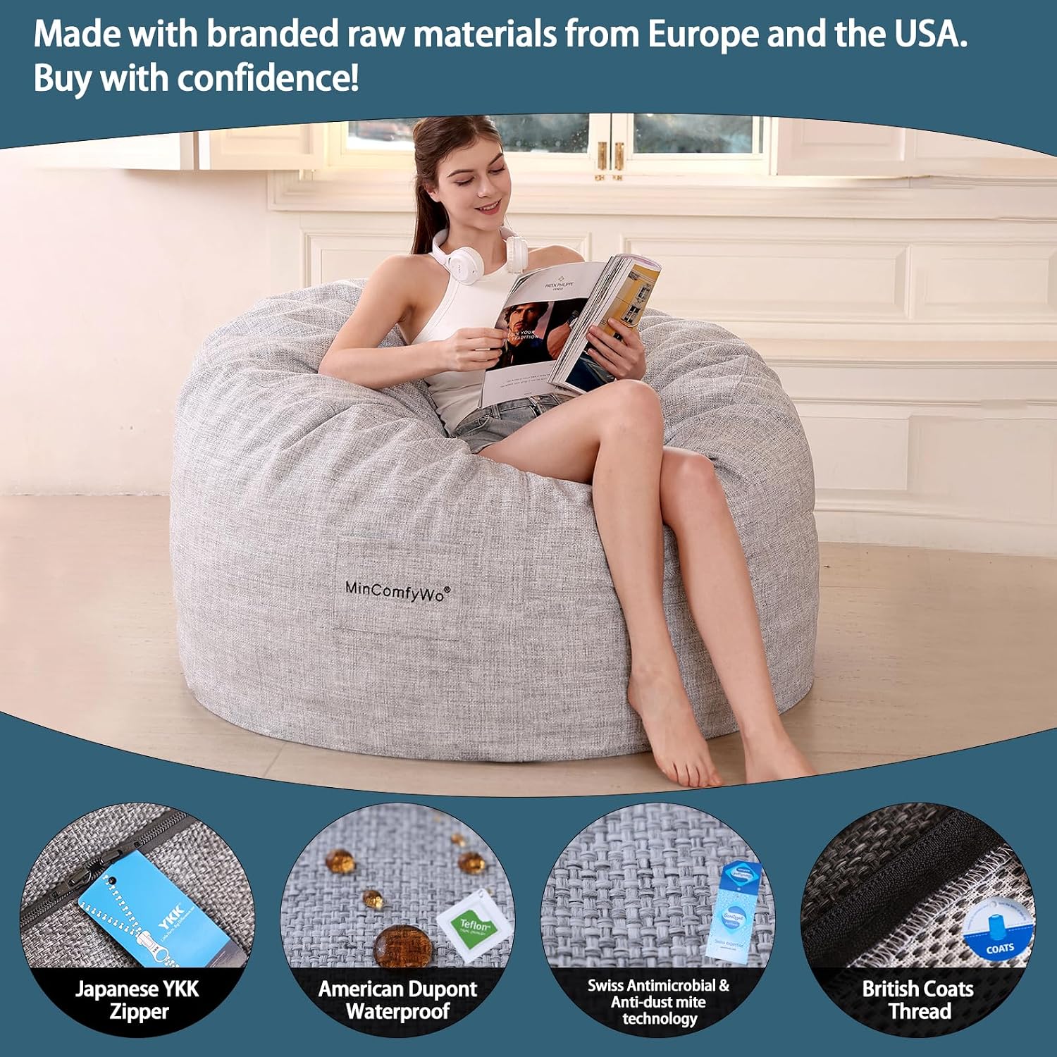 4FT Bean Bag Chair for Adults, Oversized Bean Bag Sofa, Soft Supportive Bean Bags with Durable Removable Cover for Living Room, Bedroom, Gaming Room, Kids & Teens-Cover-Olefin-Light Grey image 5