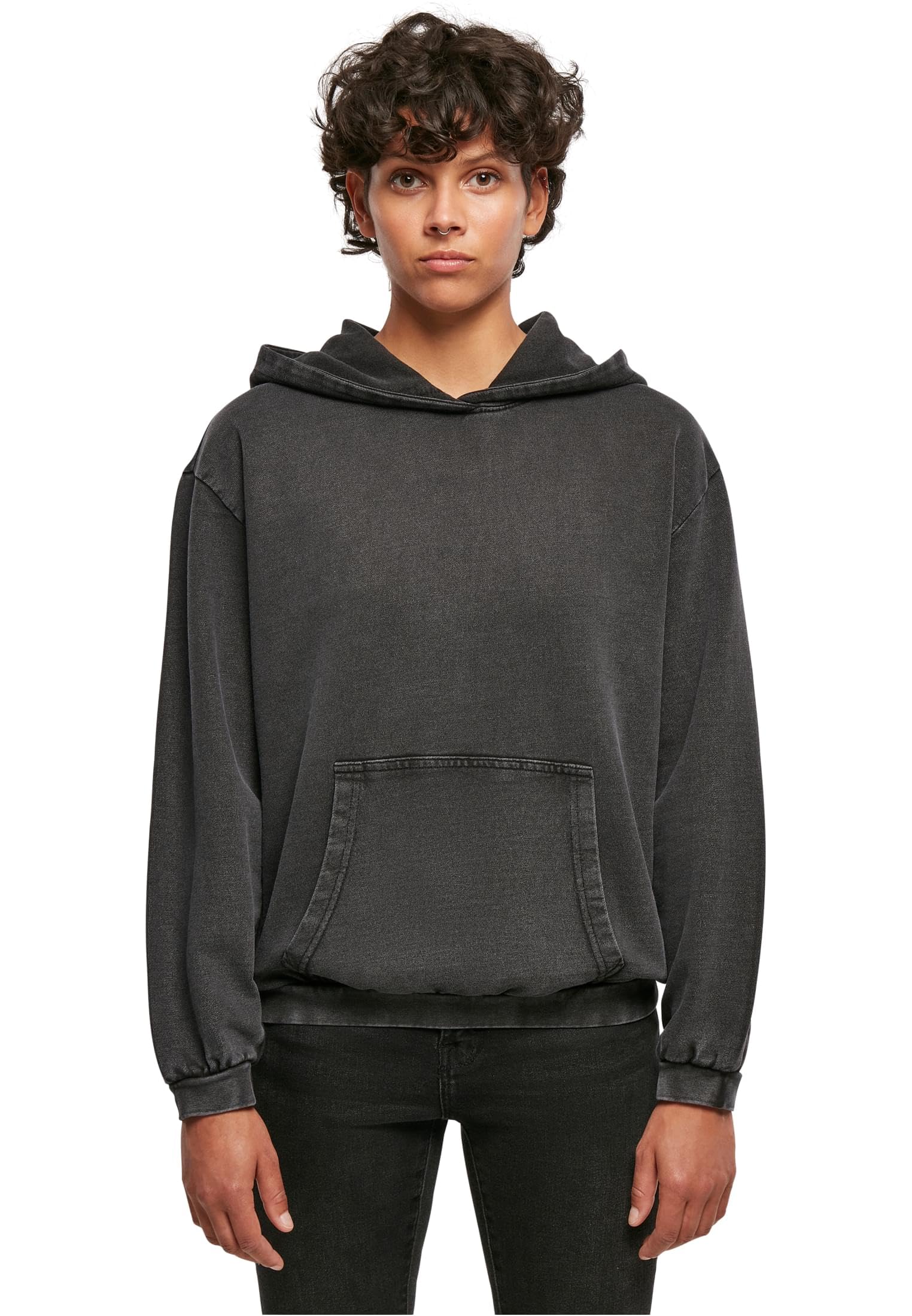 Build your Brand Women's Ladies Acid Washed Oversize Hoody Hooded Sweatshirt, Black, L