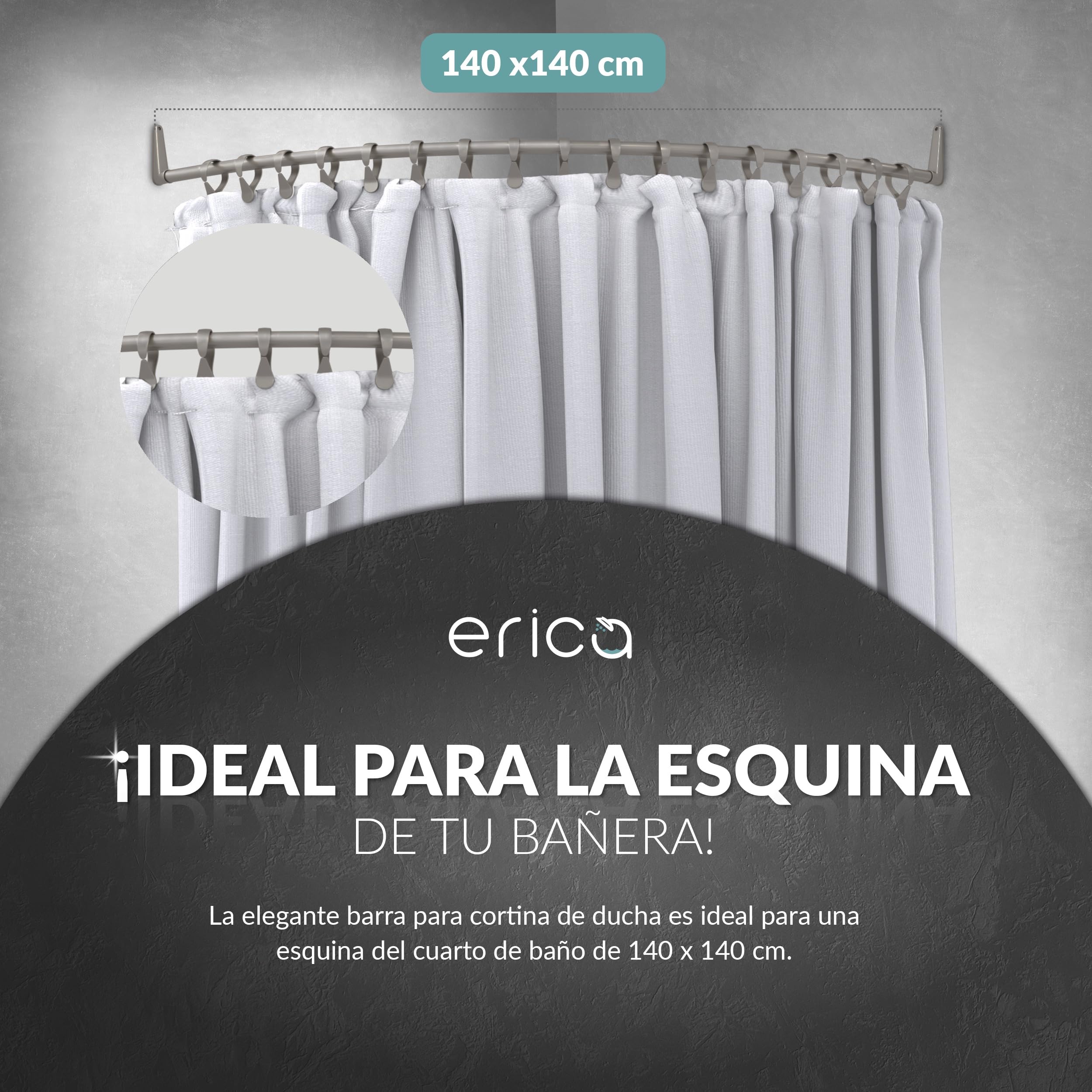 Erica Barra de Cortina de Ducha en Esquina 140x140 cm - Antióxido - Negro | 140x140cm Montaje en Pared, sin Necesidad de Fijación al Techo, Barra de Ducha Curva, Acero con Recubrimiento en Polvo Negro