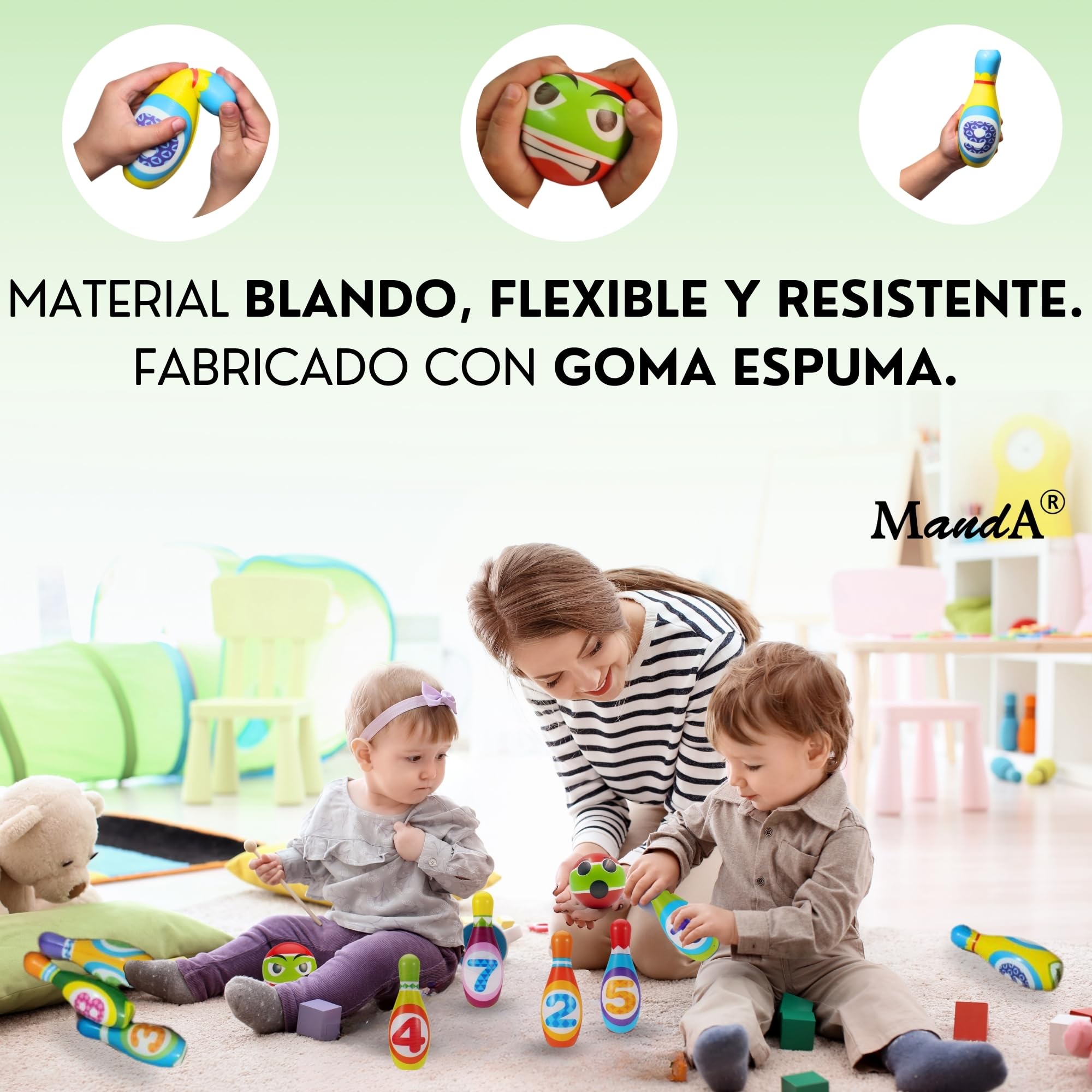 Juego de BOLOS INFANTILES - Juguetes niños 2 años a 4. BLANDO Y SEGURO. 10 Bolos de Gomaespuma de 14cm + 2 Bolas | Incluye Bolsa de Transporte. Para interior y exterior | Regalo niño 2 años a 4 |