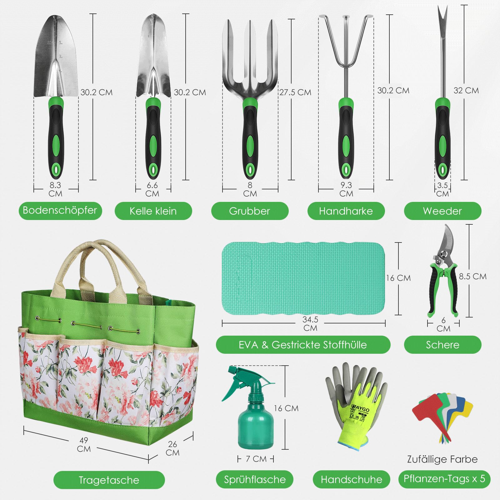 ORIENTOOLS Gartenwerkzeug Set,Geschenke für Frauen & Männer, Gartengerätset mit Tasche, 10-teiliges Set für Gartenarbeit, Geschenk für Gärtner