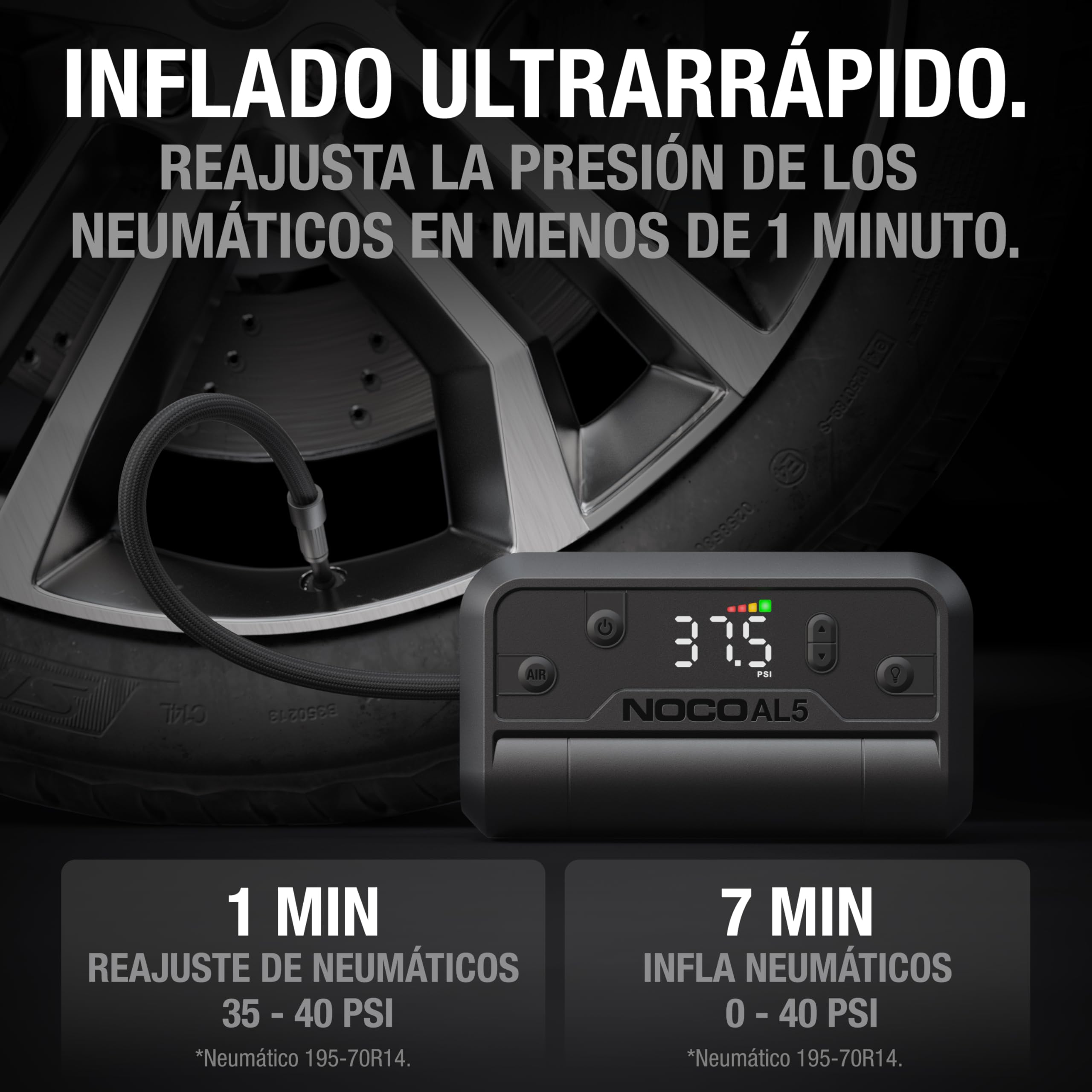 NOCO Air AL5 Inflador de neumáticos inalámbrico 5A Compresor de aire portátil a batería 17 SLPM 0-40 PSI 7 min Manómetro digital Apagado automático