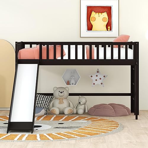 Miniatura 1 de Bellemave Cama alta de tamaño individual para niños, cama baja con tobogán y escalera, cama alta de madera individual para niñas y niños, gris