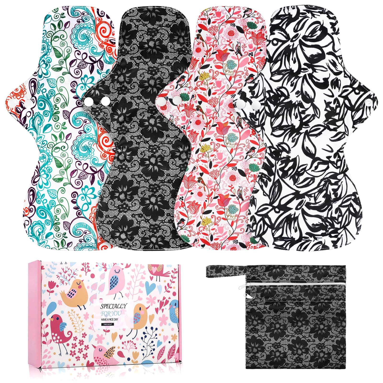 Lot de 4 serviettes hygiéniques lavables pour la nuit - Serviettes menstruelles réutilisables avec couche absorbante en charbon de bambou - Pour la nuit avec queue ondulée