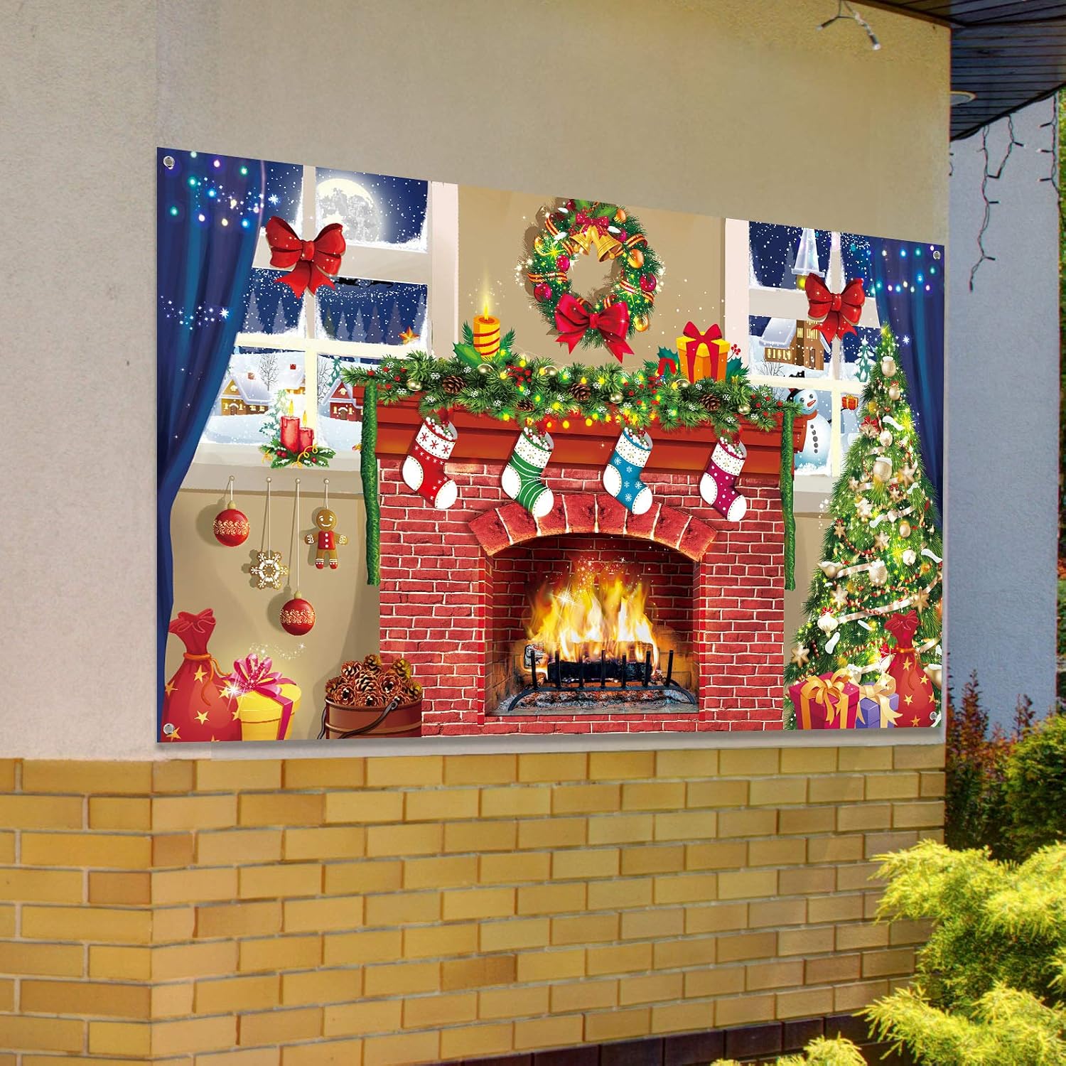 Christmas Fireplace Theme Decoration Supplies, Large Fabric Red Brick Wall Scene Setters Backdrop for Merry Christmas Decoration, Boy Girl Birthday Holiday Party Banner Background, 72.8 x 43.3 Inch