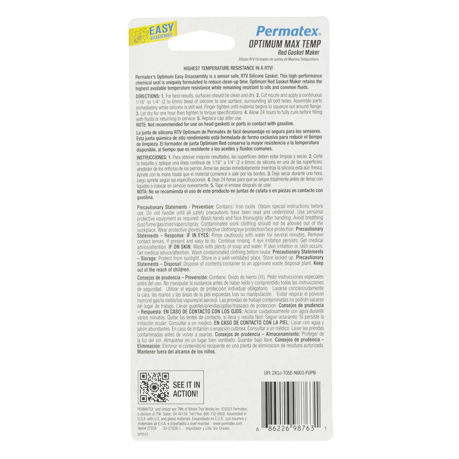 Permatex 27038 Optimum Red High Temperature Gasket Maker, 3 oz