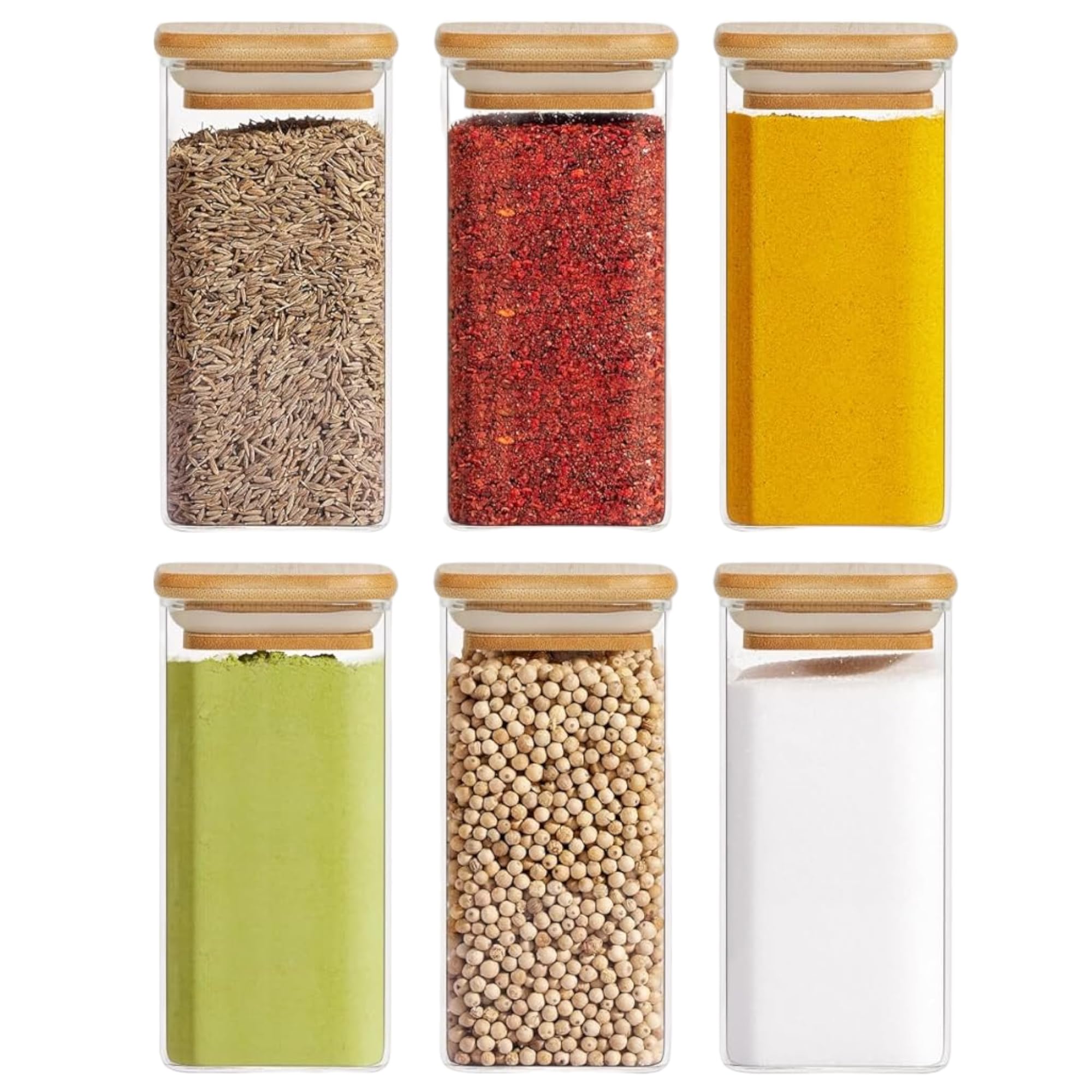 Jinelza Square Glass Jar Wooden Lid Food Storage Containers Set,Airtight Food Jars With Bamboo Lids Glass Jar With Wooden Lid Kitchen Container Sugar Glass (320Ml Jar, 6 Pcs, Transparent)