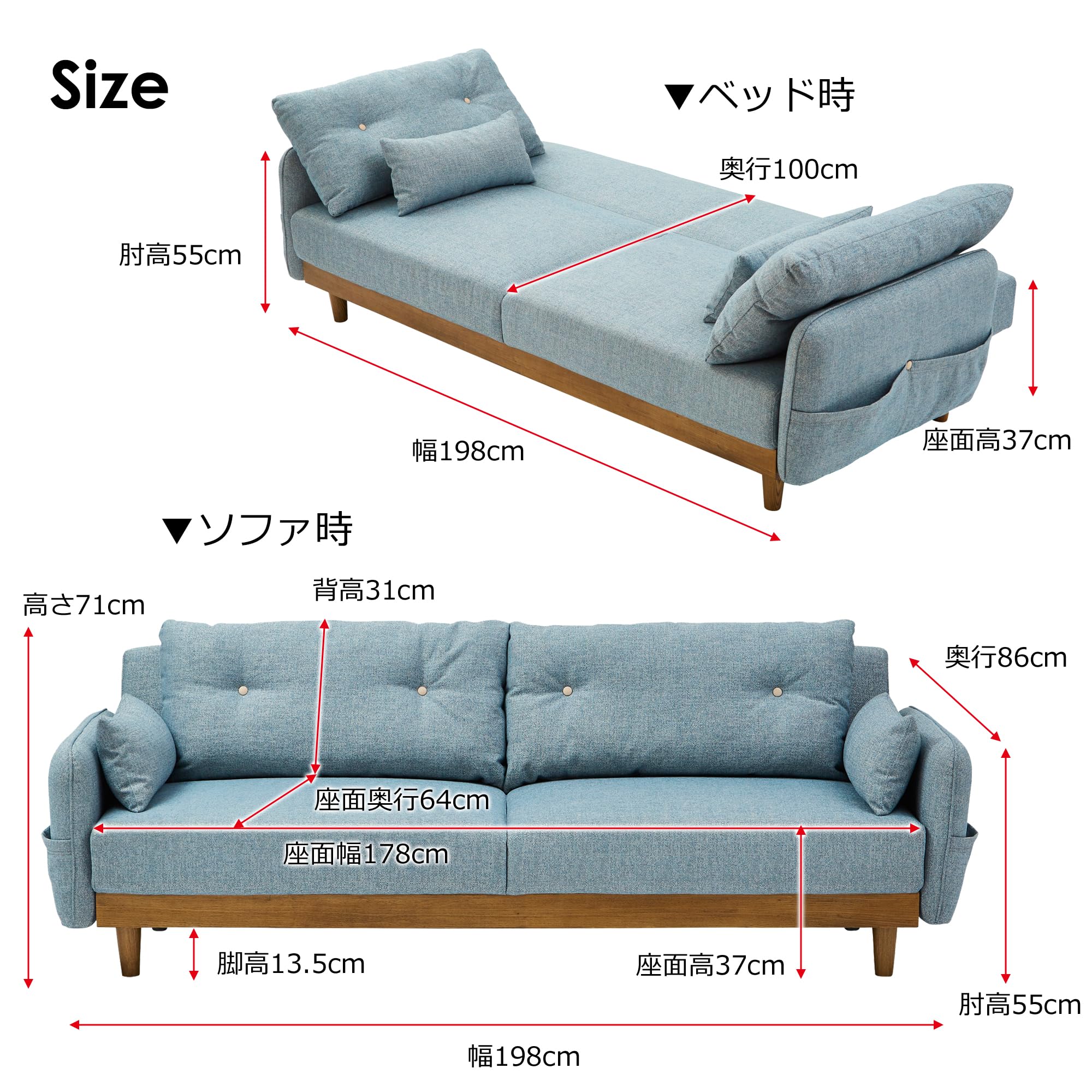 Amazon｜関家具(Sekikagu) ソファベッド ブルー 天然木 ファブリック