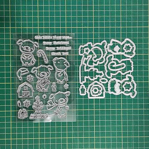 Miniatura 6 de Qoiseys Juego de sellos y troqueles transparentes de cerdito de Navidad para hacer tarjetas, plantillas de corte para álbumes de recortes, álbum de