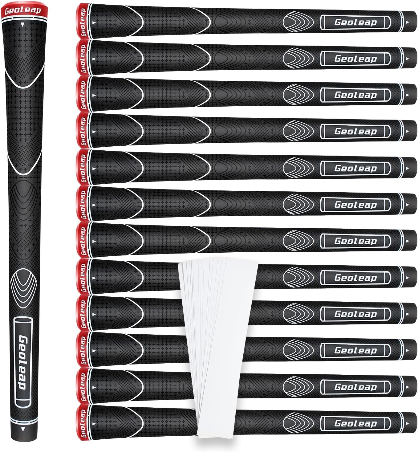 Geoleap Rubber Golf Grips Set of 13 -Grips with 15 Tapes and Grips with All Repair Kits for Choice, Non-slip and Shock-absorbing, Thumb Pattern Design, All Weather Performance and High Feedback Soft Rubber Golf Club Grips