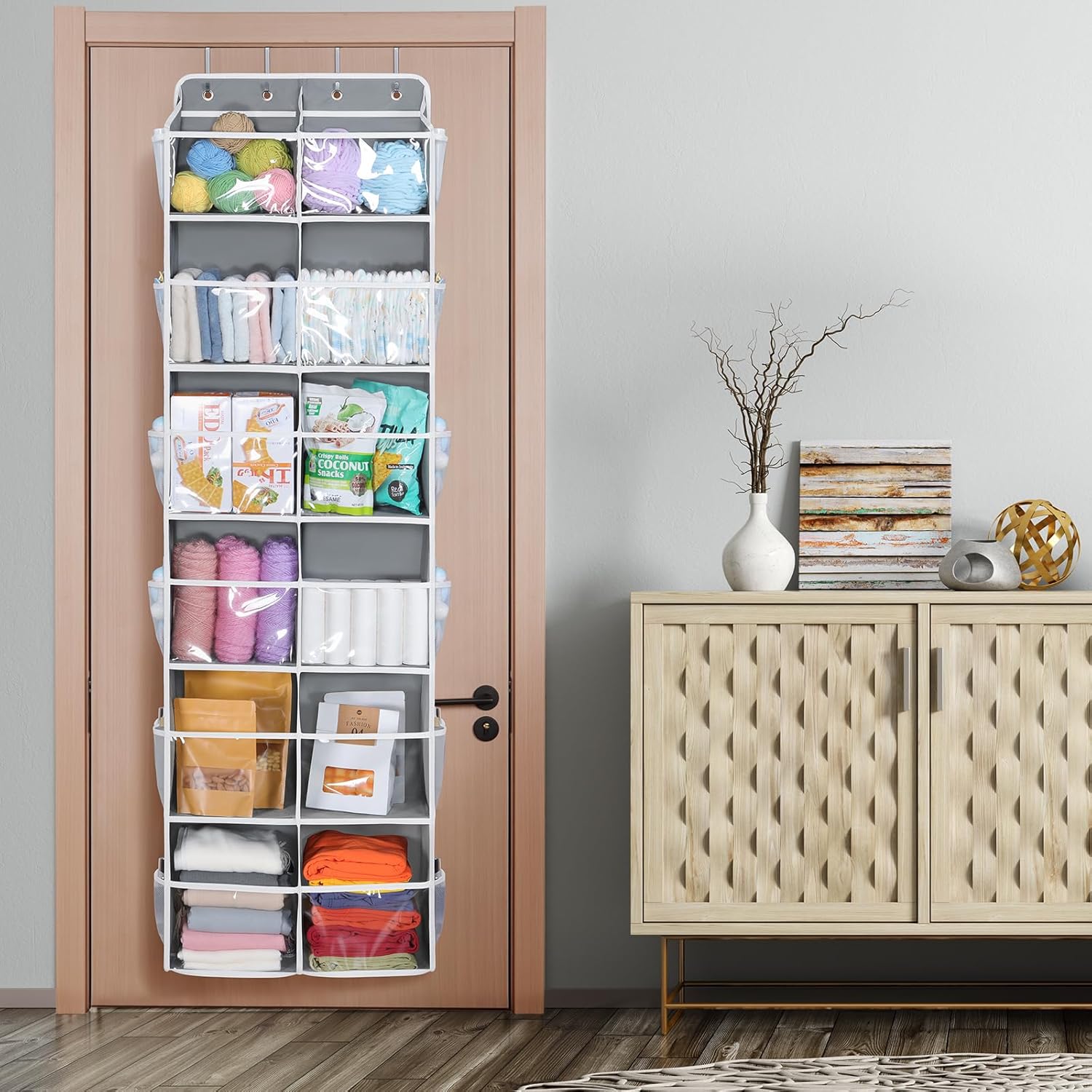 Univivi Over the Door Organizer, 6 Tiers Behind Door Storage with Clear Deep Pockets Hanging Organizer for Closet, Bedroom, Nursery, Bathroom and Sundries (Grey) - Image 7