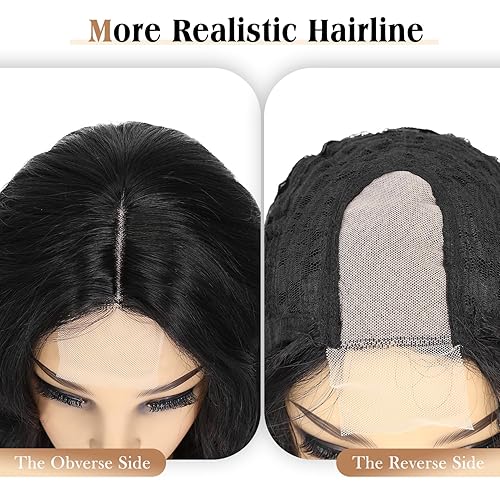 Miniatura 7 de WIGER Pelucas cortas onduladas para mujer, peluca de cabello ondulado negro de 16 pulgadas, raya al medio, longitud del hombro, pelucas cortas