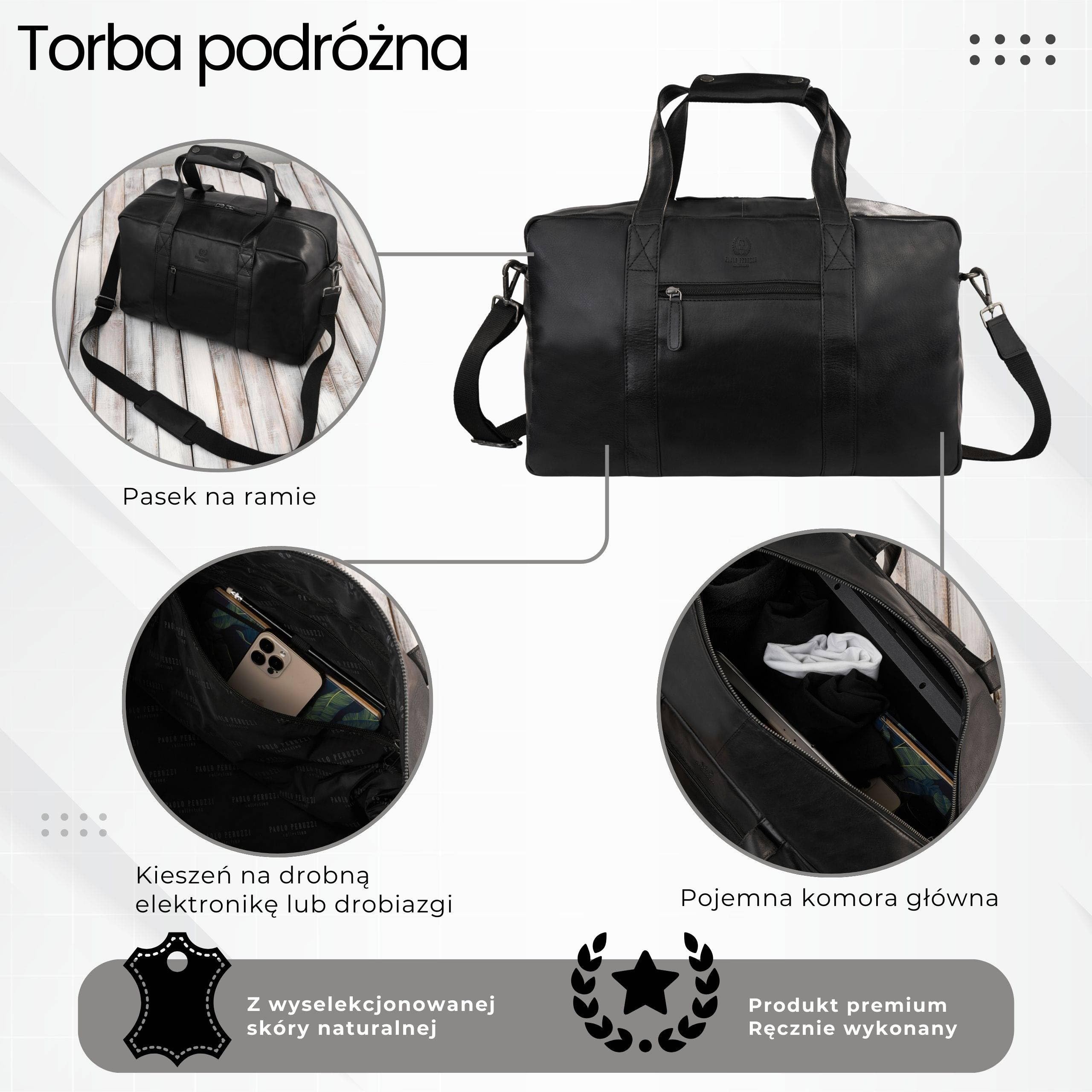 Torba podróżna męska skórzana duża pojemna czarna Paolo Peruzzi SL-10-BL