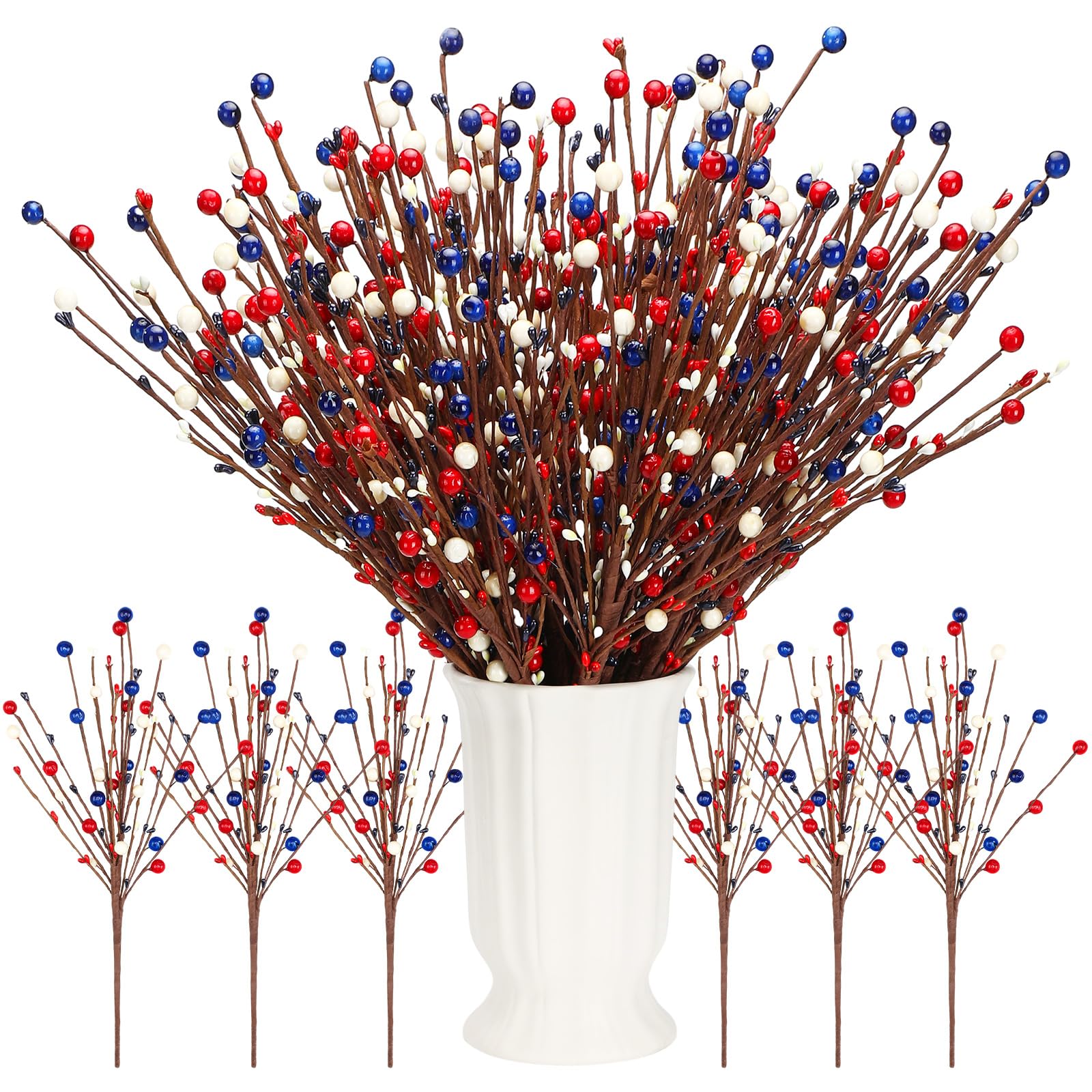 Maysing 20 Pcs 250th Anniversary Patriotic Memorial Day Artificial Berry Stems Labour 4th of July Spray Pick 16.1 Inch Red White Blue Berry Floral
