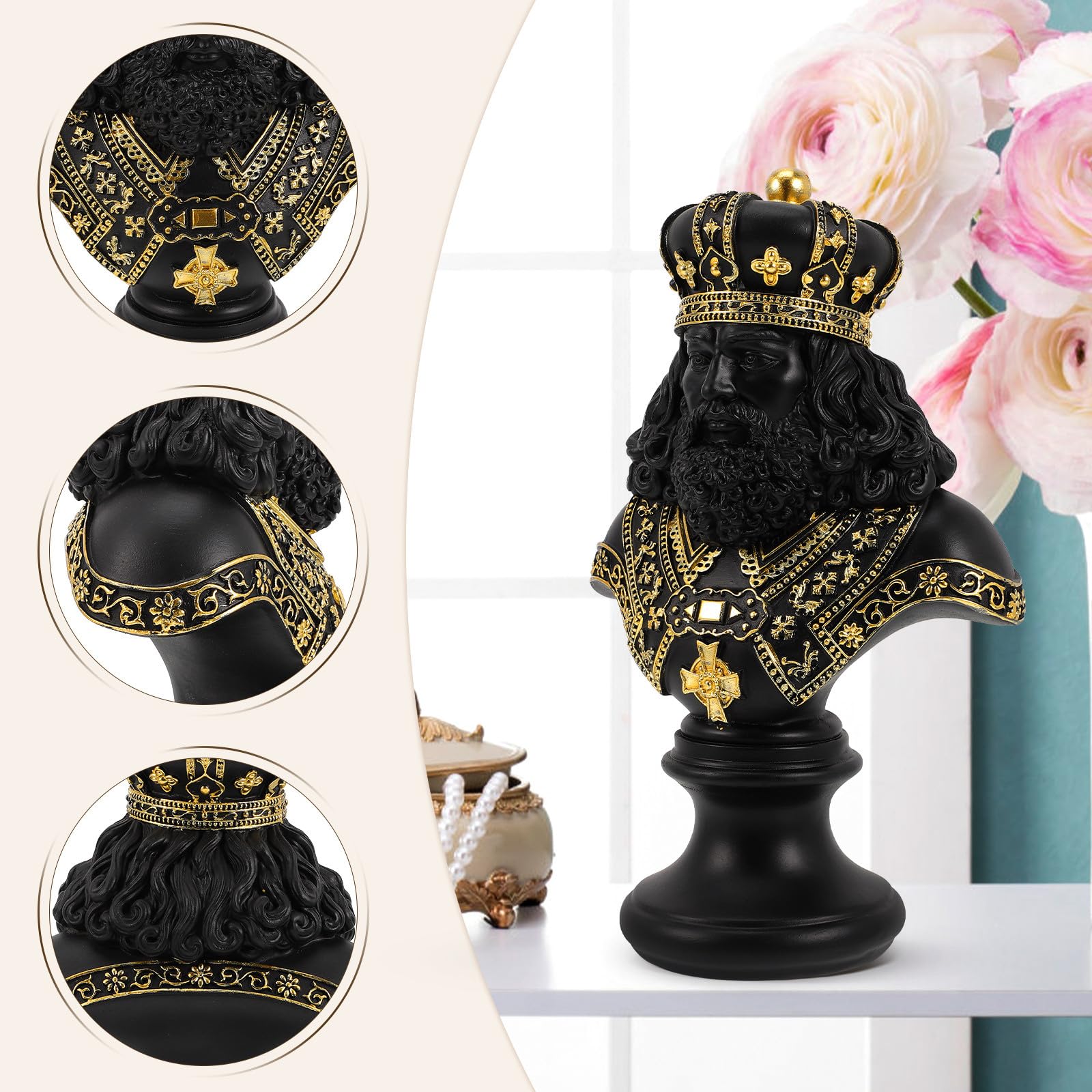 Scultura Decorativa da Tavolo a Forma di Re degli Scacchi in Resina Nera, Decorazione Elegante per Ufficio e Casa, Statua Artistica per Arredamento e Regalo Inaugurazione