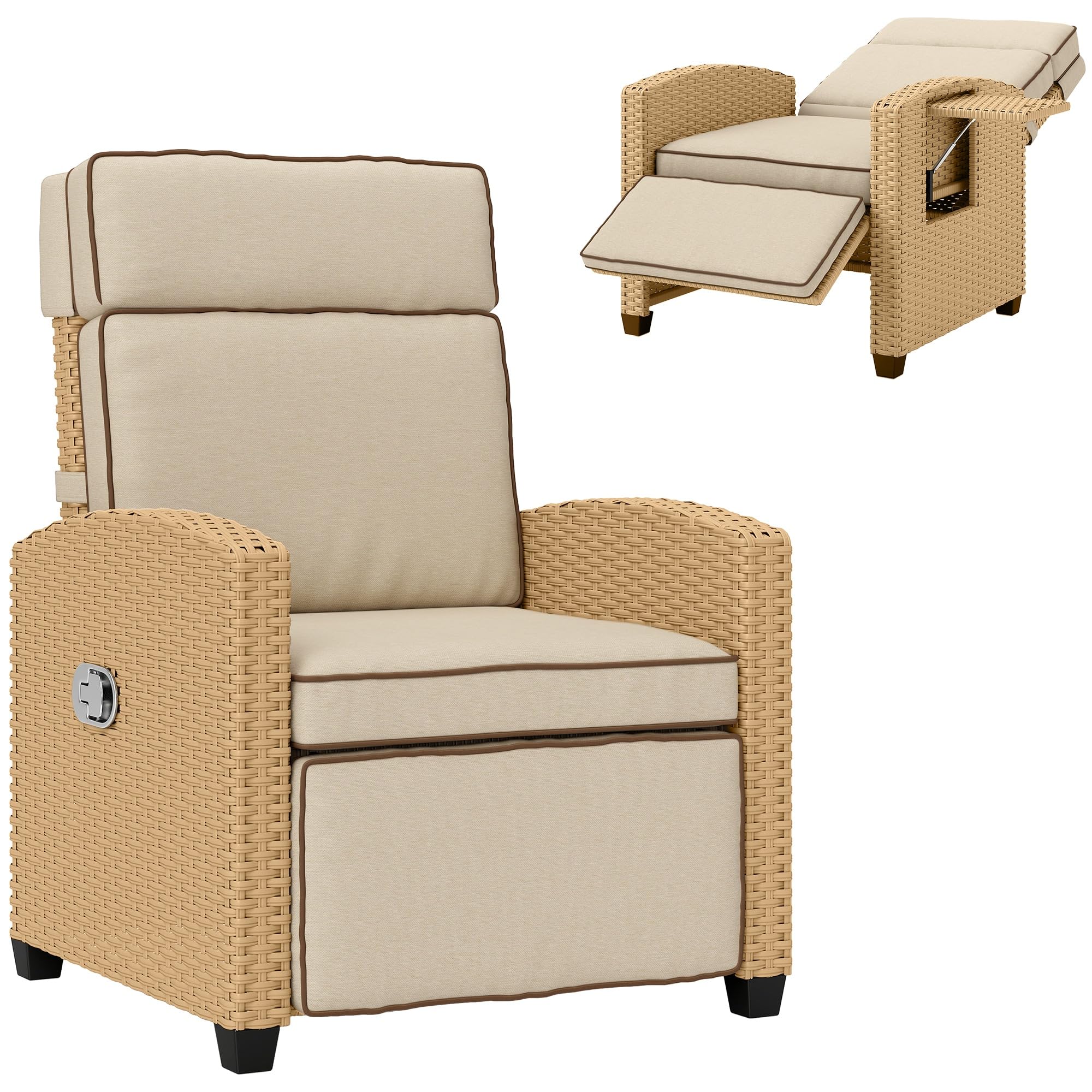 Outsunny Unisex Khaki Rattan Garden Recliner Sun Lounger W/ Flip Table In