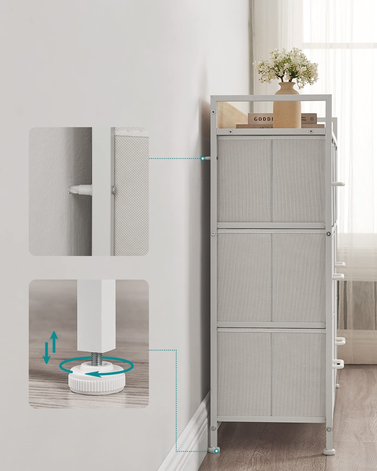 SONGMICS Komoda, szafa, 7 szuflad materiałowych z uchwytami, metalowy stelaż, wzornictwo przemysłowe, kolor biało-dębowy LTS523W57