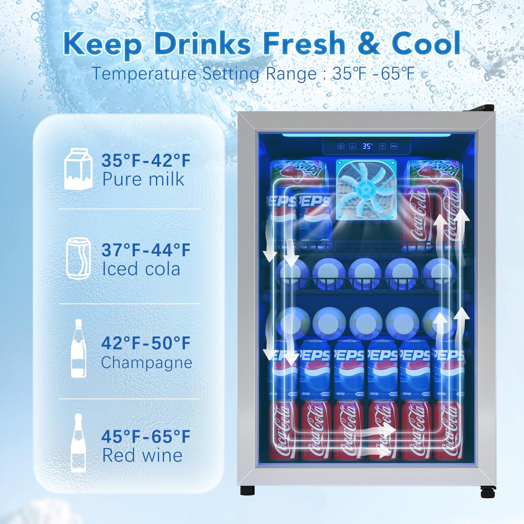 Tehanld 2.5 Cu.Ft Beverage Fridge, Mini Fridge With Glass Door, Beverage Cooler Refrigerator, Wine Drink Beer Cooler, Adjustable Shelves & Digital Temperature Display, 22 Bottle 96 Can on Fridge.com