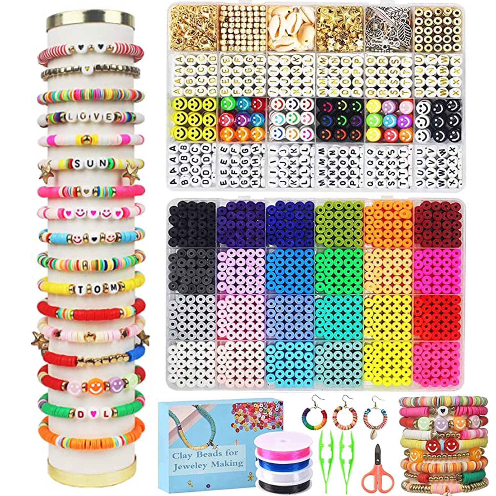 DIY Beads for Jewellery Making，24 Color 7200PC Flat Clay Bead/Glass Bead Bracelet Making Kit with Smiley Face Bead Set Letter Beads, DIY Handmade Gift for Girls Supplies Art Craft Set