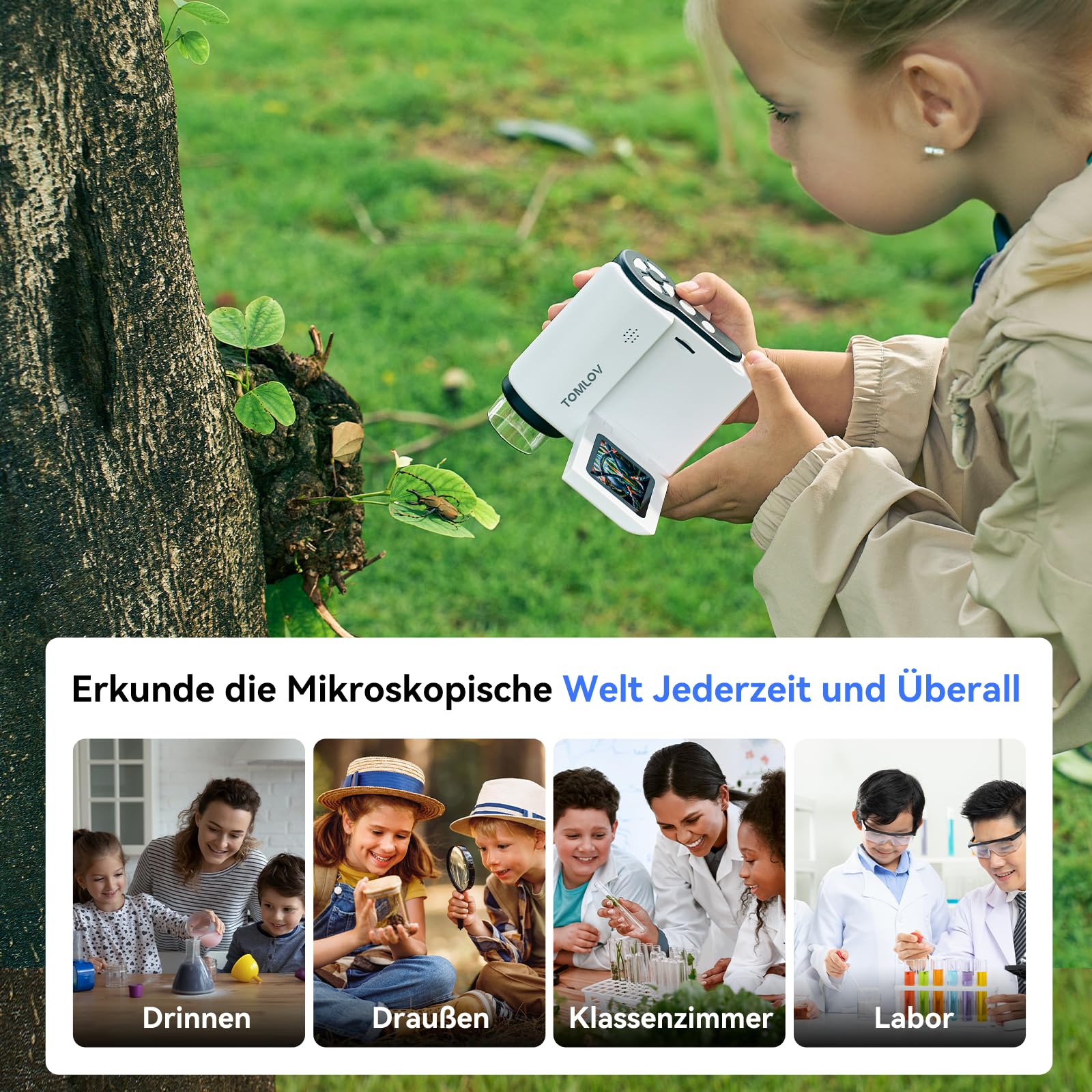 TOMLOV P20 Handheld Digital Mikroskop für Kinder, Mehrere Taschenmikroskop, Tragbare 1080P DV-Kamera mit klappbarem 2-Zoll-LCD-Bildschirm, Kompatibel mit MacOS & Windows, 6 Pcs Objektträger, 32GB