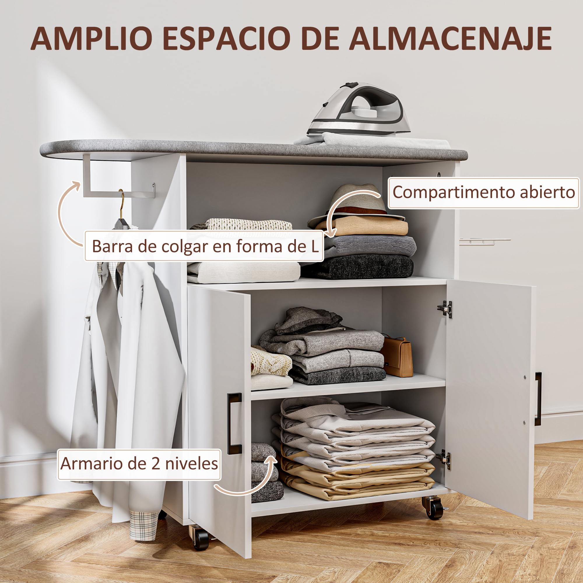 HOMCOM Armoire à repasser sur roulettes - Planche à repasser avec support de suspension - Tablette ouverte et planche à repasser - 125 x 43,5 x 102,5 cm - Blanc