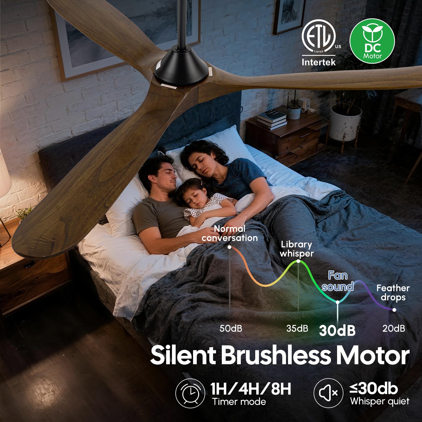 Ventilador de Techo de 178 cm con Luz y Control Remoto, 3 Aspas de Madera Maciza, Motor de CC reversible silencioso,Adecuado para dormitorios grandes, salas de estar, balcones y porches cubiertos