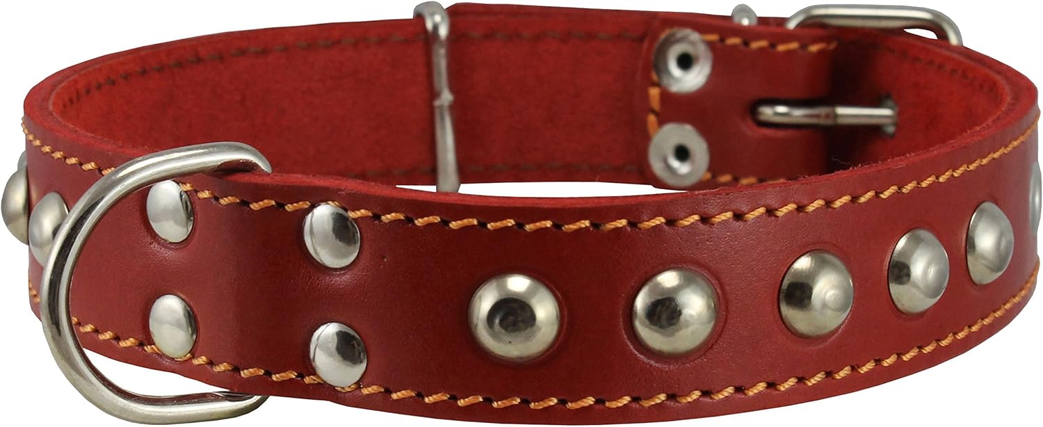 Genuine 1" Wide Thick Leather Studded Dog Collar. Fits 14"-17" Neck, Medium Breeds.