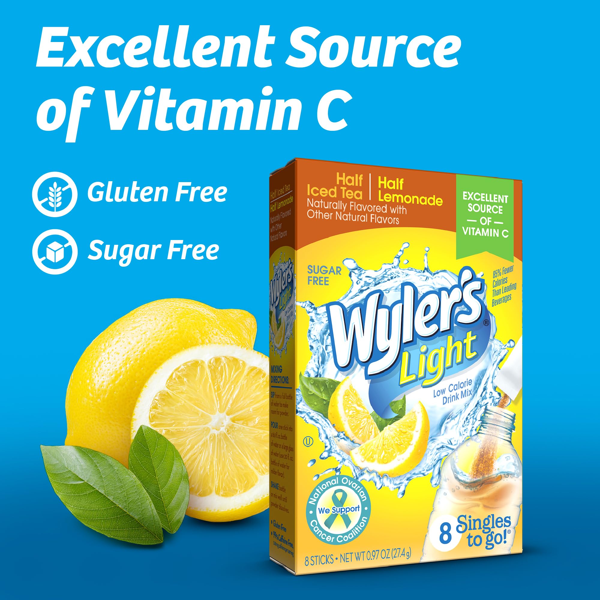 Wyler's Light Water Drink Mix, Singles To Go, Half Iced Tea & Half Lemonade, 1 Box, 8 Sticks Per Box (8 Sticks Total)