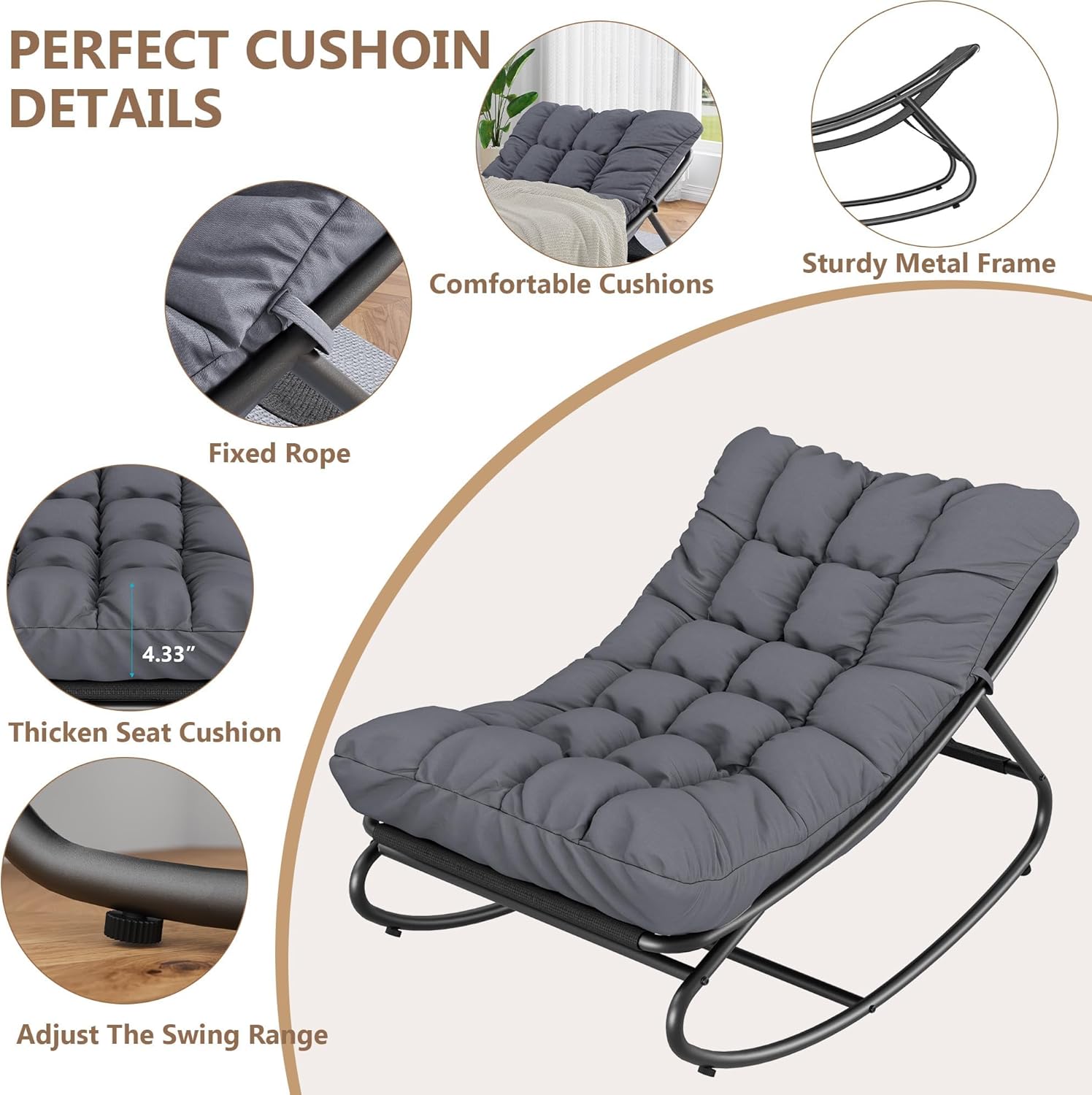 Outdoor Rocking Chair – Patio Papasan Rocker with Heavy Duty Metal Frame, 450 Lbs Capacity, Comfy Lounge Chair for Patio, Porch, Garden & Living Room, Grey