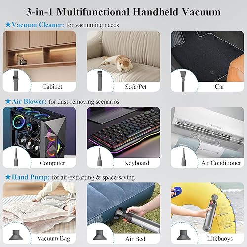 Miniatura 5 de Minthouz Aspiradora portátil sin cable, 3 en 1, succión fuerte que combina aspiración, soplado y bombeo, filtros HEPA, ligero para automóvil, hogar,