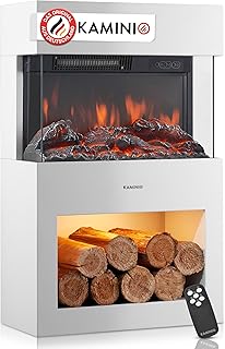 KAMINIO Elektrokamin Henri - Elektrischer Kaminofen mit Heizung, 3D-Flammeneffekt, Holzfach, LED-Ambientelicht, Fernbedienung (Weiß)