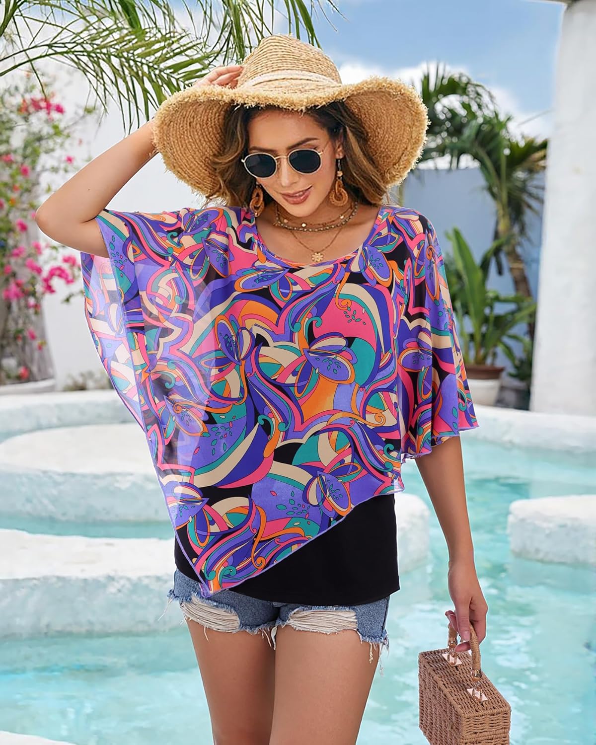 Lotusmile Women's Lightweight Flowy Shirt Double-Layered Printed Chiffon Poncho Blouse Top - Image 3
