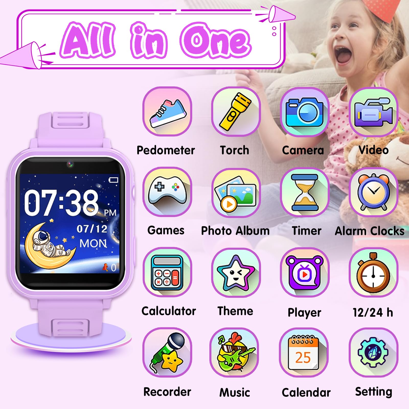 clleylise Reloj Inteligente Niño, Smartwatch Niños con 36 Juegos HD Cámara Alarma Reproductor de Música Podómetro Caloría Pantalla Táctil, Reloj Niño para Niños Niñas 4-12+